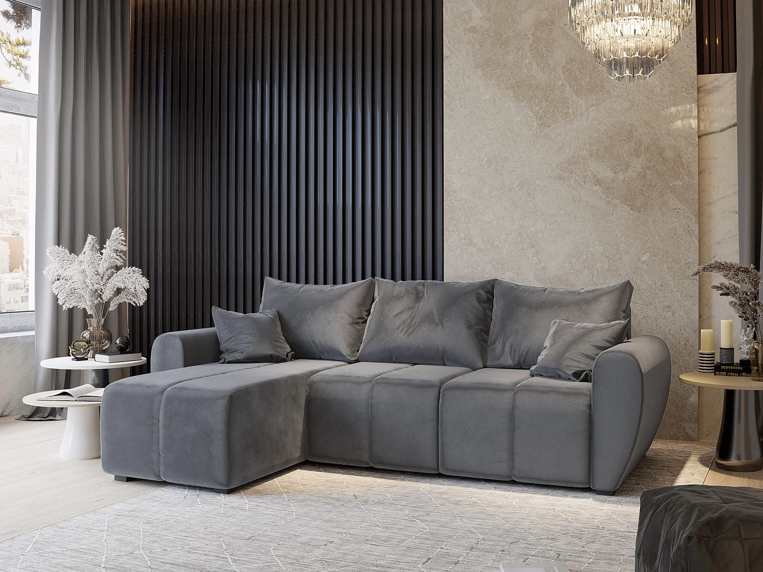 Canapé d'angle MADISON Gris en peluche avec fonction de couchage