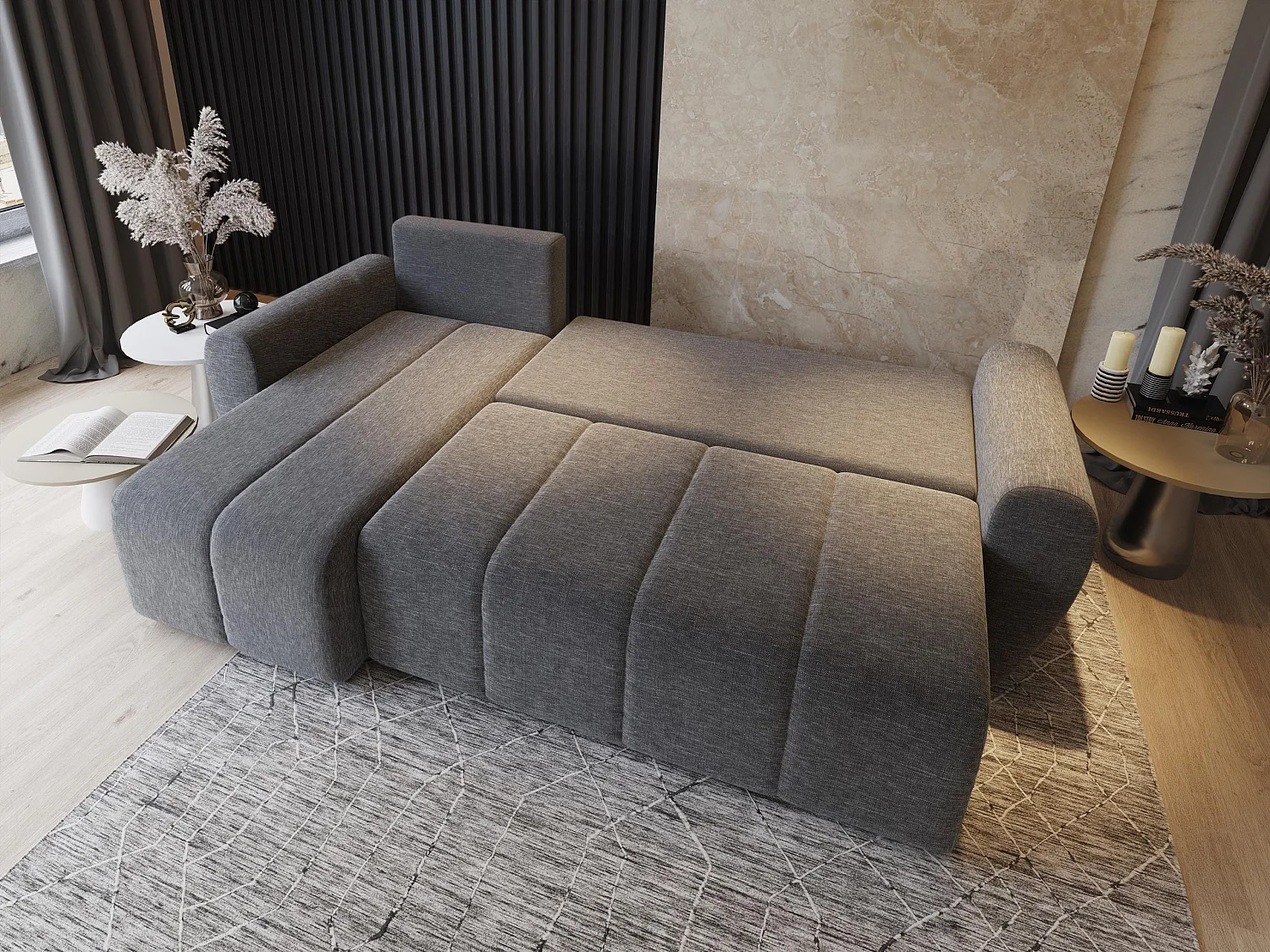 Canapé d'angle MADISON Gris en peluche avec fonction de couchage