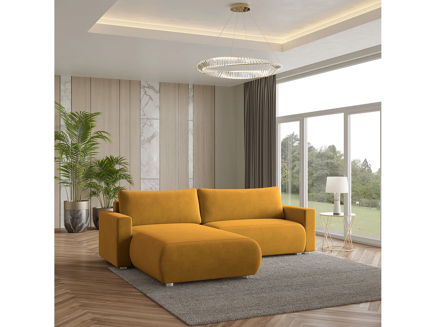 Canapé d'angle TURIN Jaune en velours avec fonction de couchage