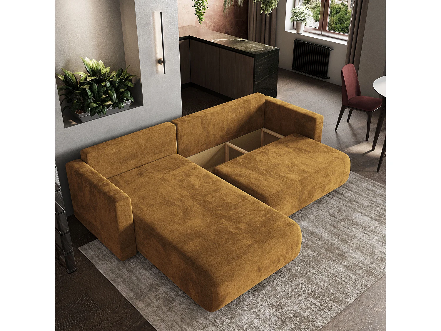 Hoekbank TURIN van fluweel met slaapfunctie Gelb