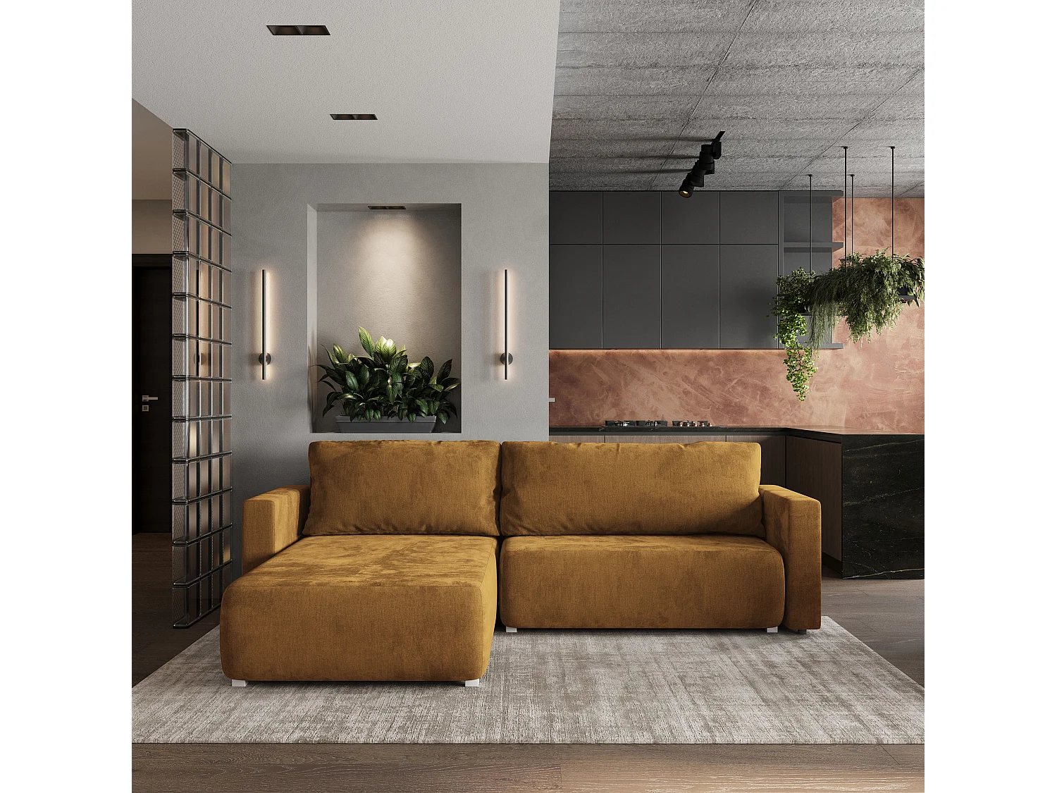 Hoekbank TURIN van fluweel met slaapfunctie Gelb