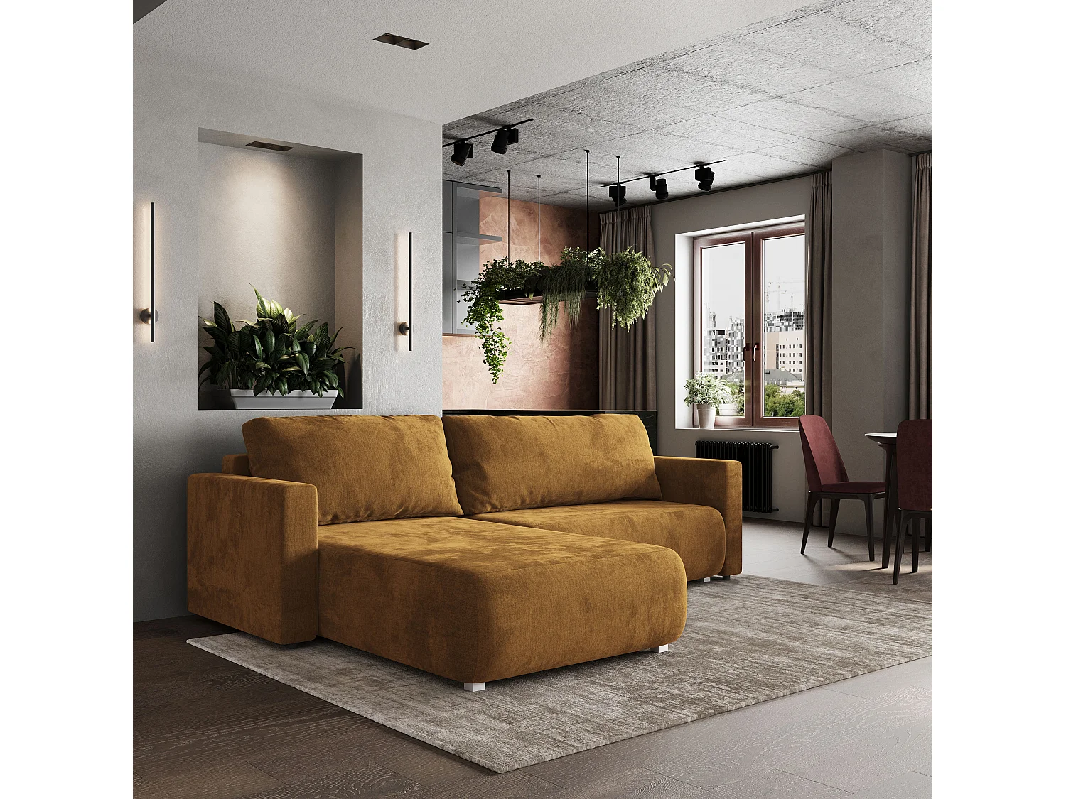 Hoekbank TURIN van fluweel met slaapfunctie Gelb