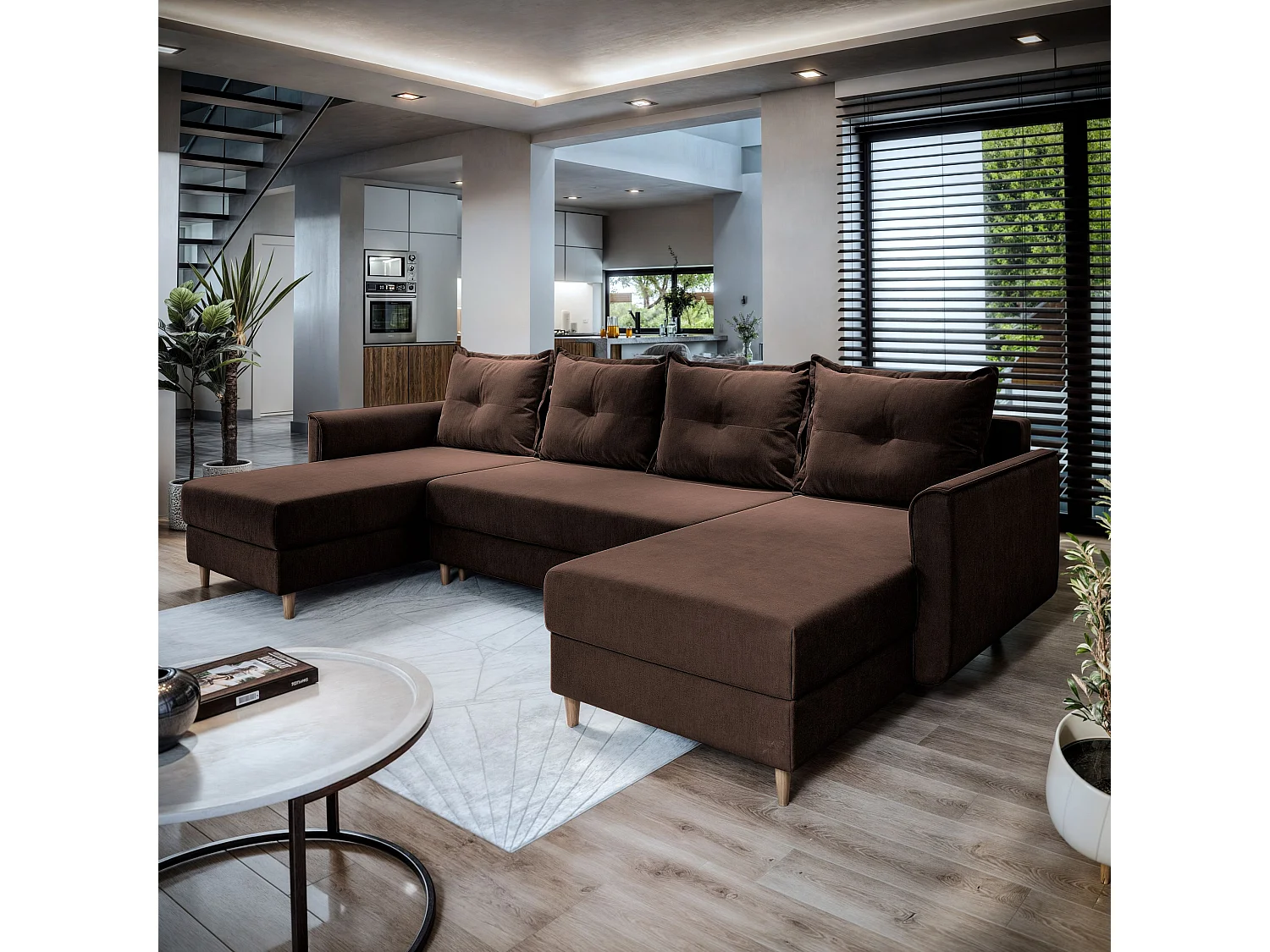 Canapé d'angle VERNI Marron en peluche avec fonction de couchage