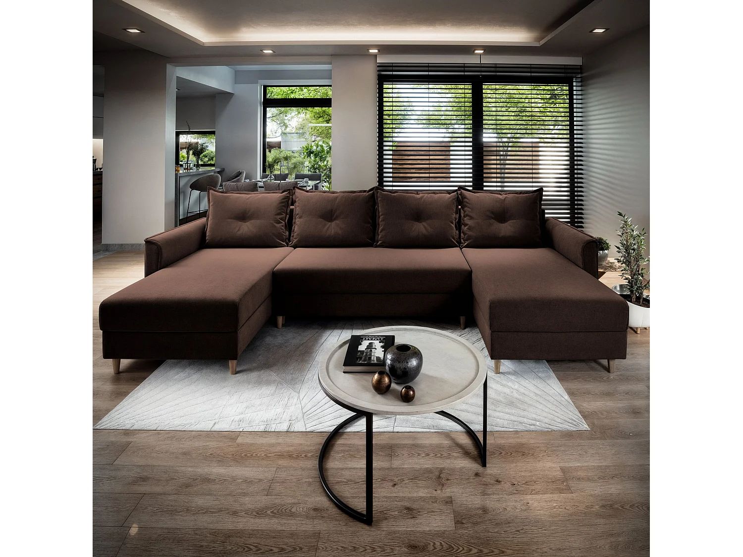 Canapé d'angle VERNI Marron en peluche avec fonction de couchage