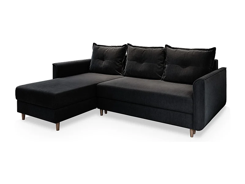 Canapé d'angle PISAN Noir en peluche avec fonction de couchage