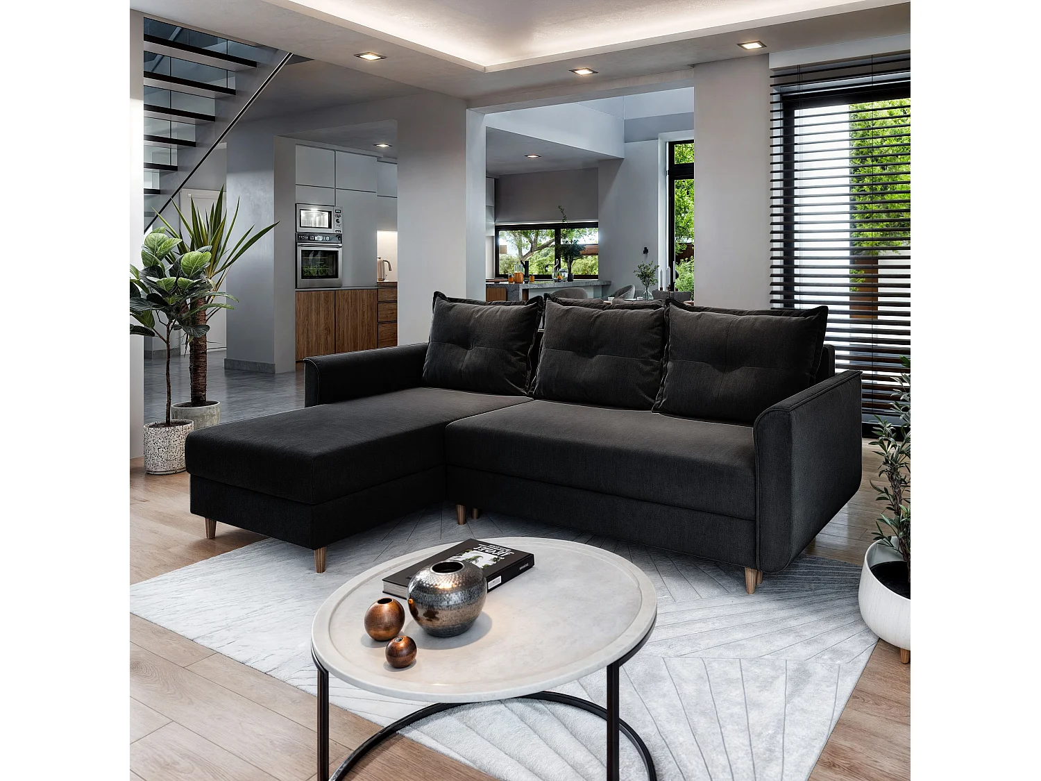 Canapé d'angle PISAN Noir en peluche avec fonction de couchage