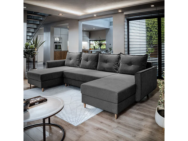 Canapé d'angle VERNI Gris en peluche avec fonction de couchage