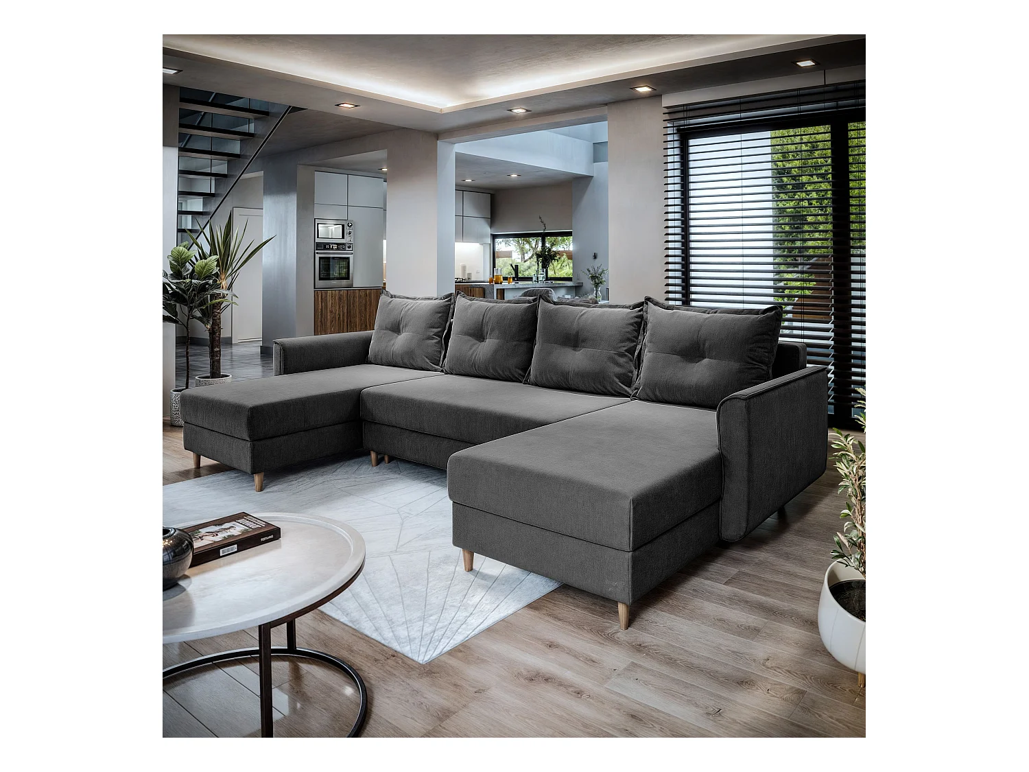 Canapé d'angle VERNI Gris en peluche avec fonction de couchage