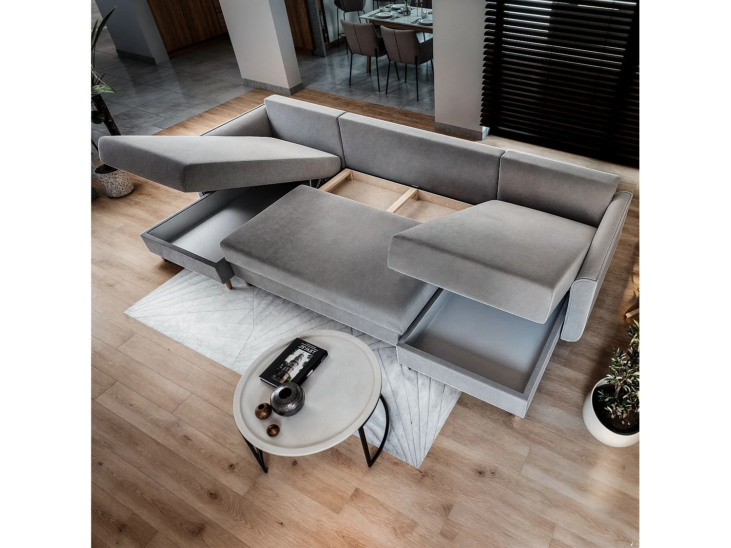 Canapé d'angle VERNI Gris en peluche avec fonction de couchage