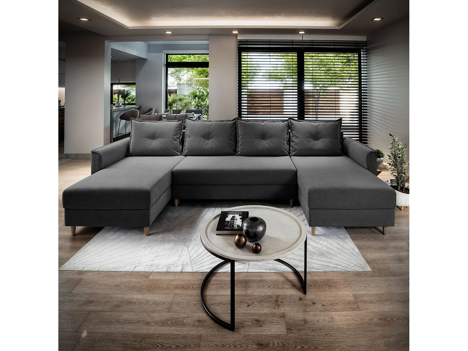 Hoekbank VERNI van fluweel met slaapfunctie Grau