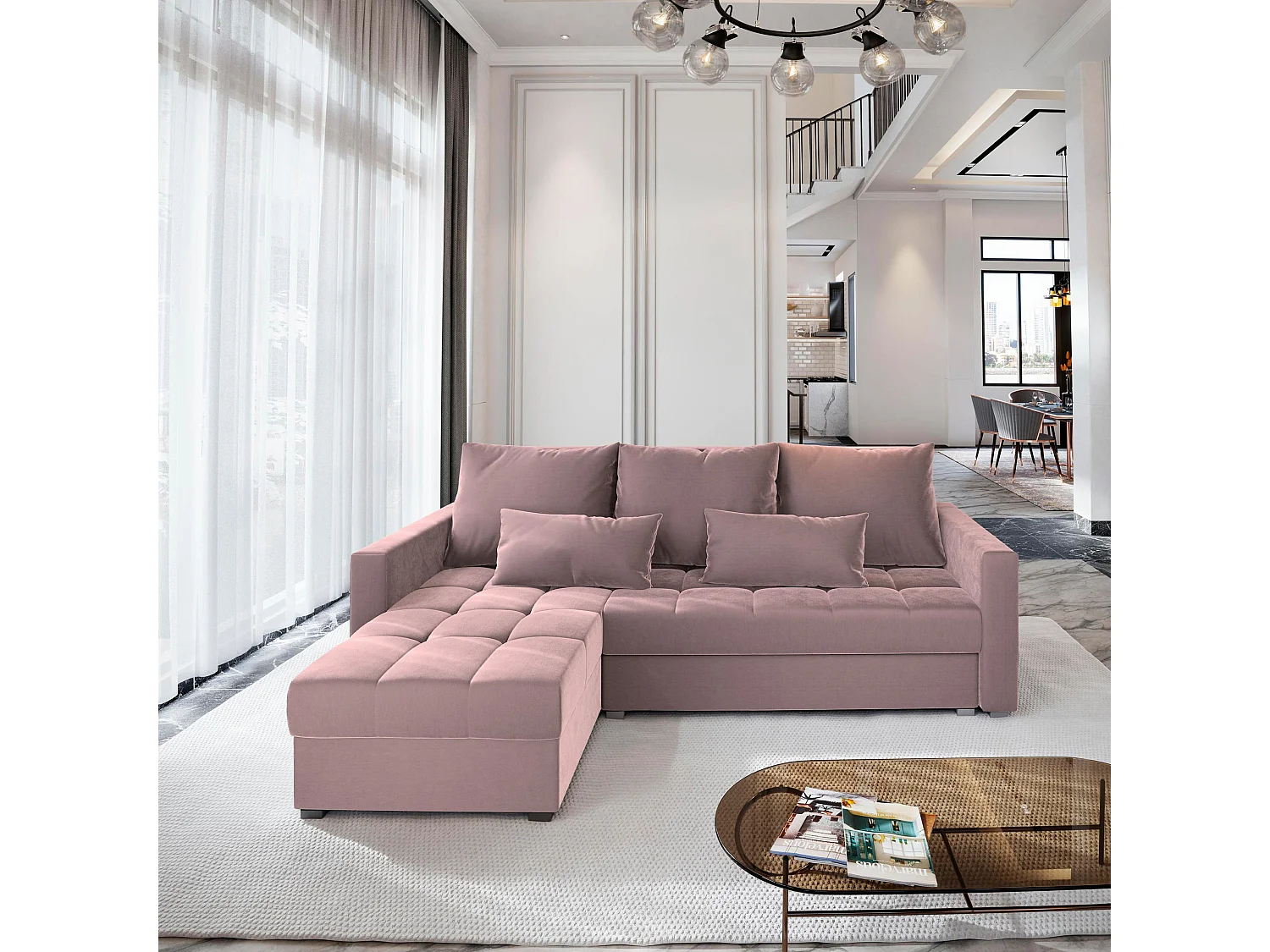 ECKSOFA KOS PIK Rosa Plüsch-Stoff mit Schlaffunktion