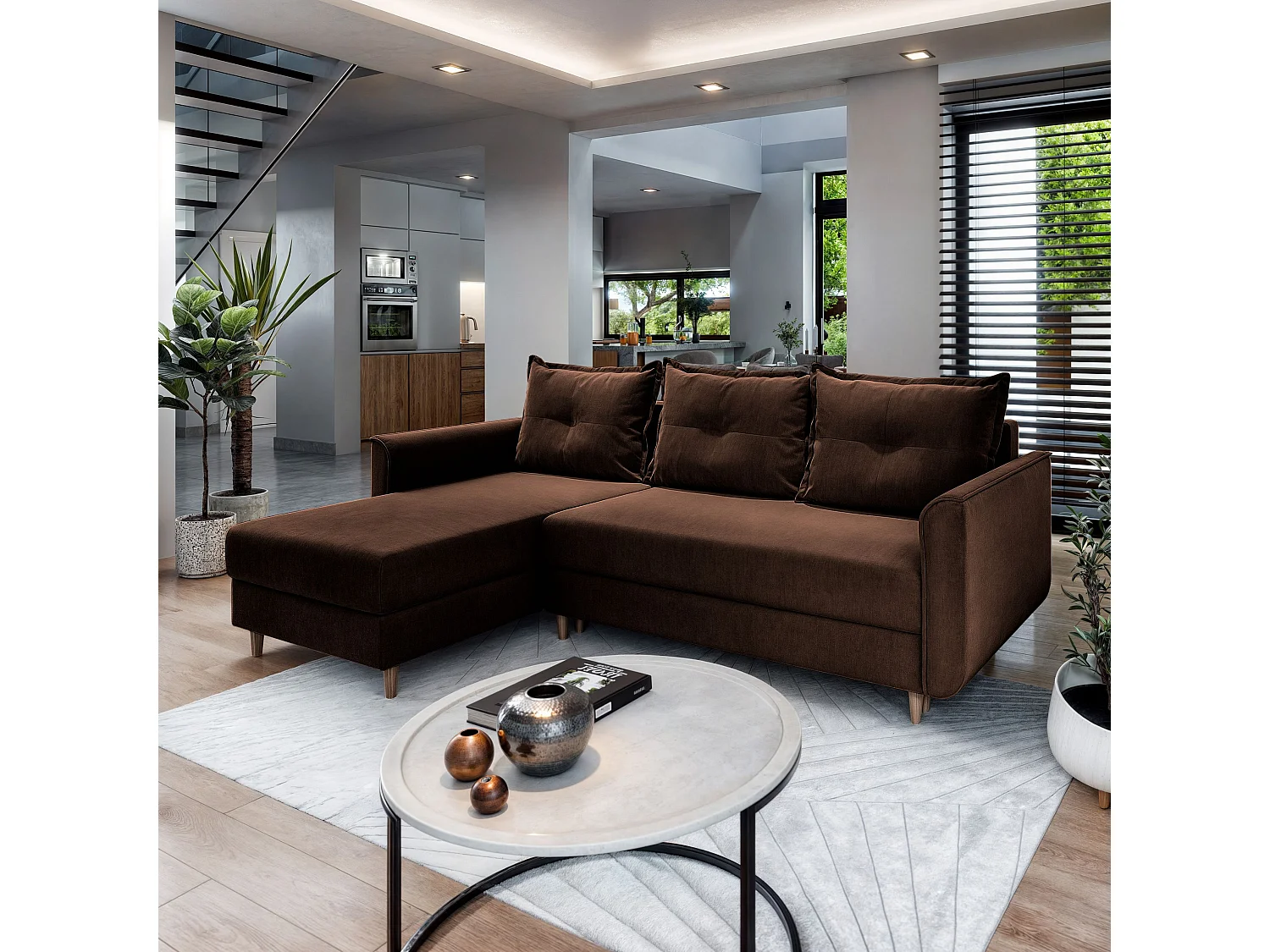 Canapé d'angle PISAN Marron en peluche avec fonction de couchage