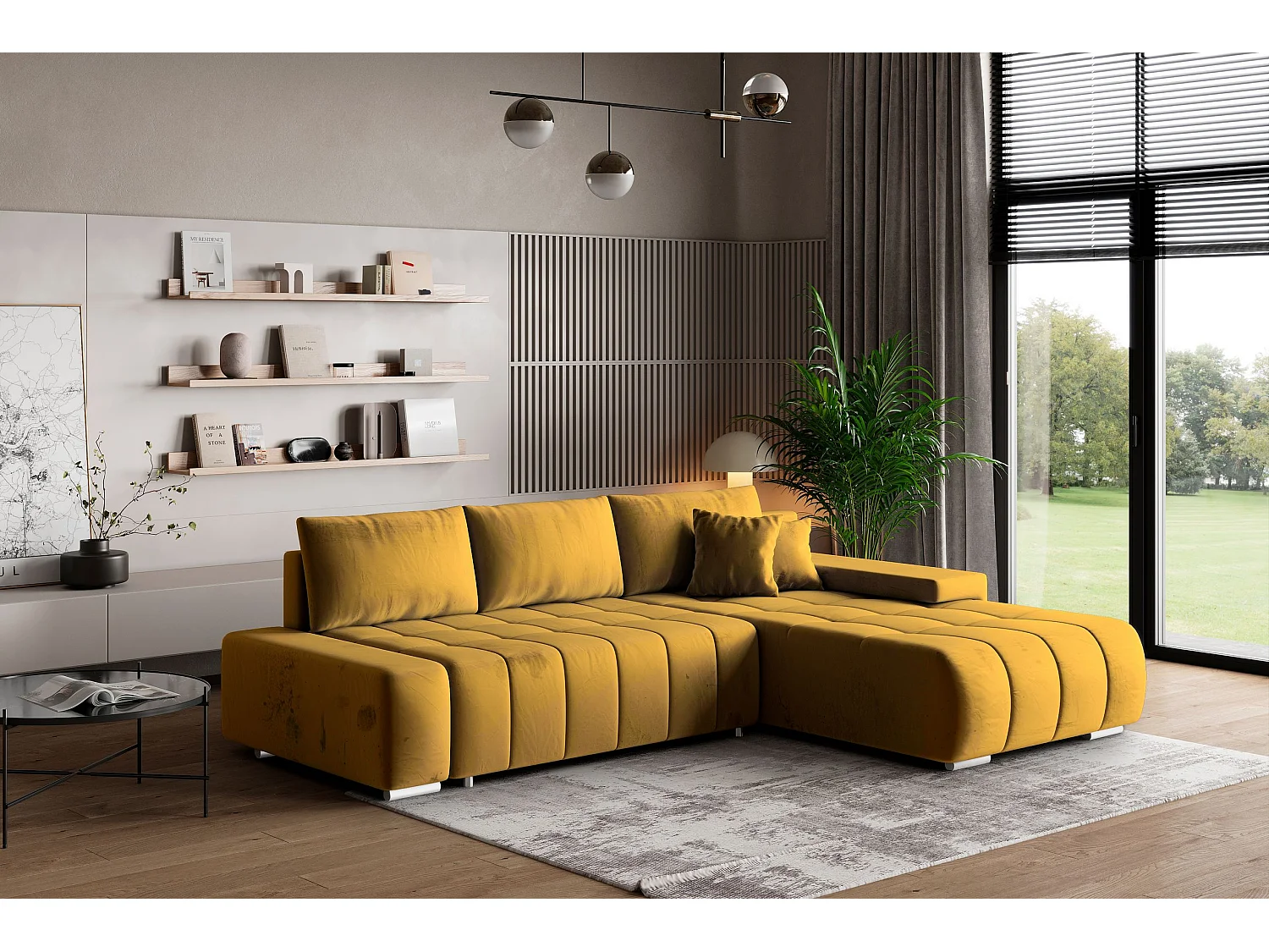 Canapé d'angle ALESE Jaune en velours avec fonction de couchage