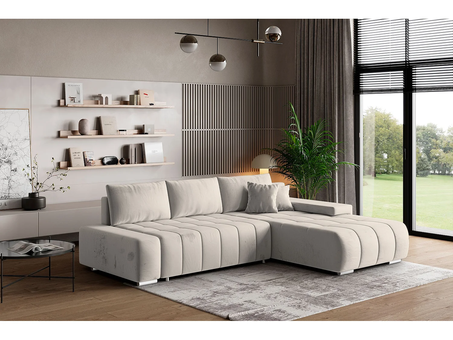ECKSOFA ALESE R-S Cremefarben Velours-Stoff mit Schlaffunktion