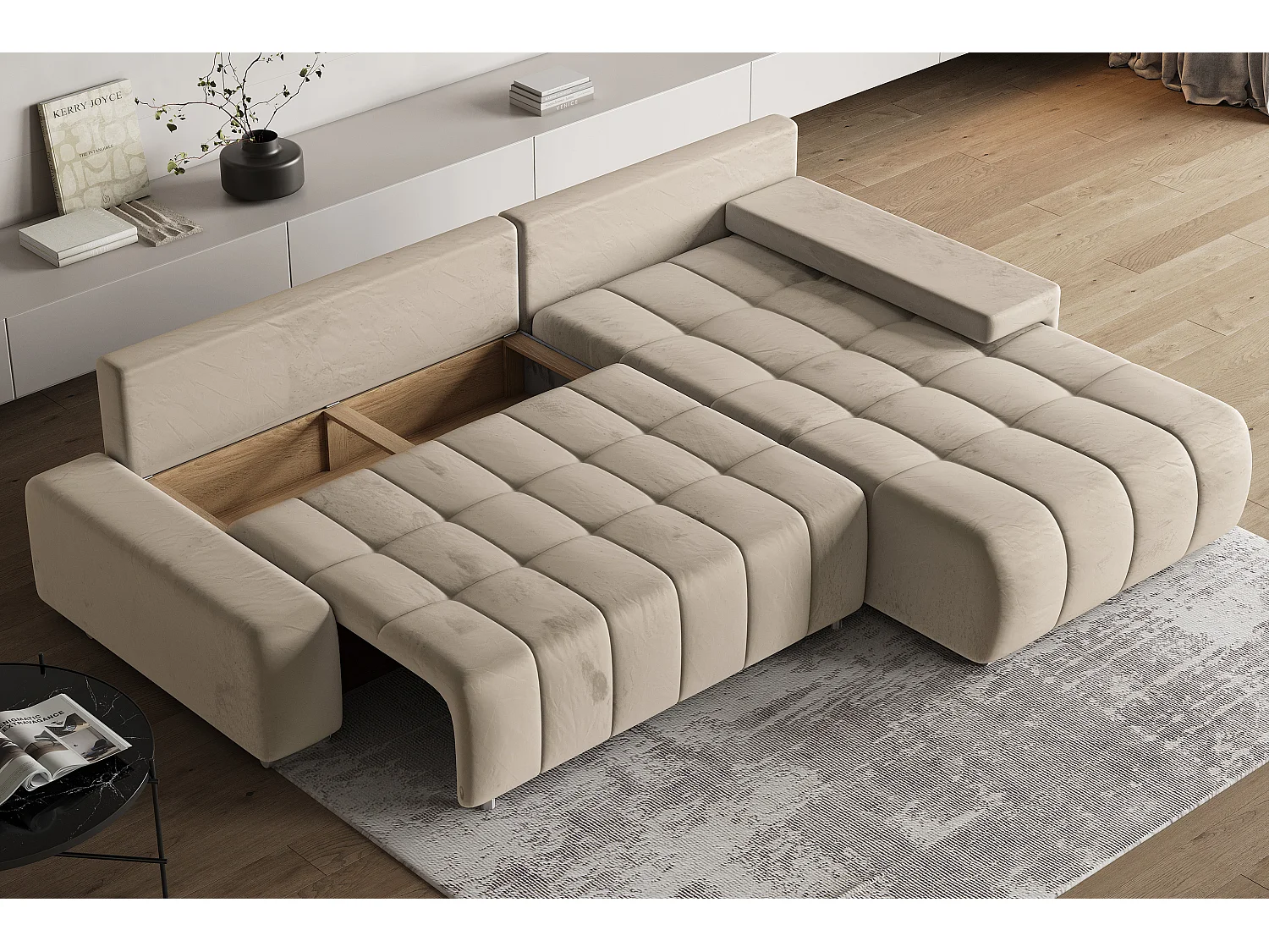 Hoekbank ALESE van fluweel met slaapfunctie Creme
