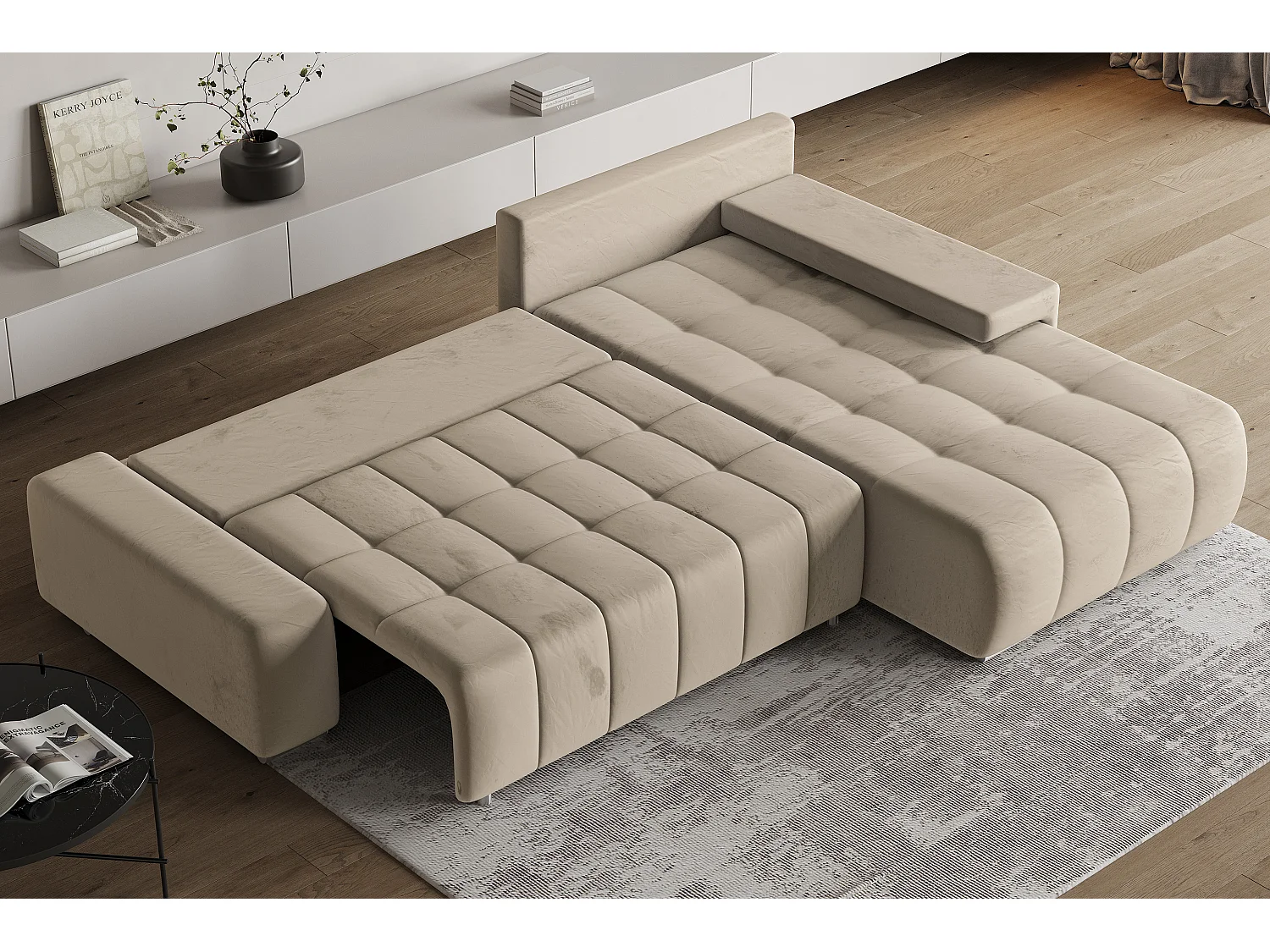 Hoekbank ALESE van fluweel met slaapfunctie Creme