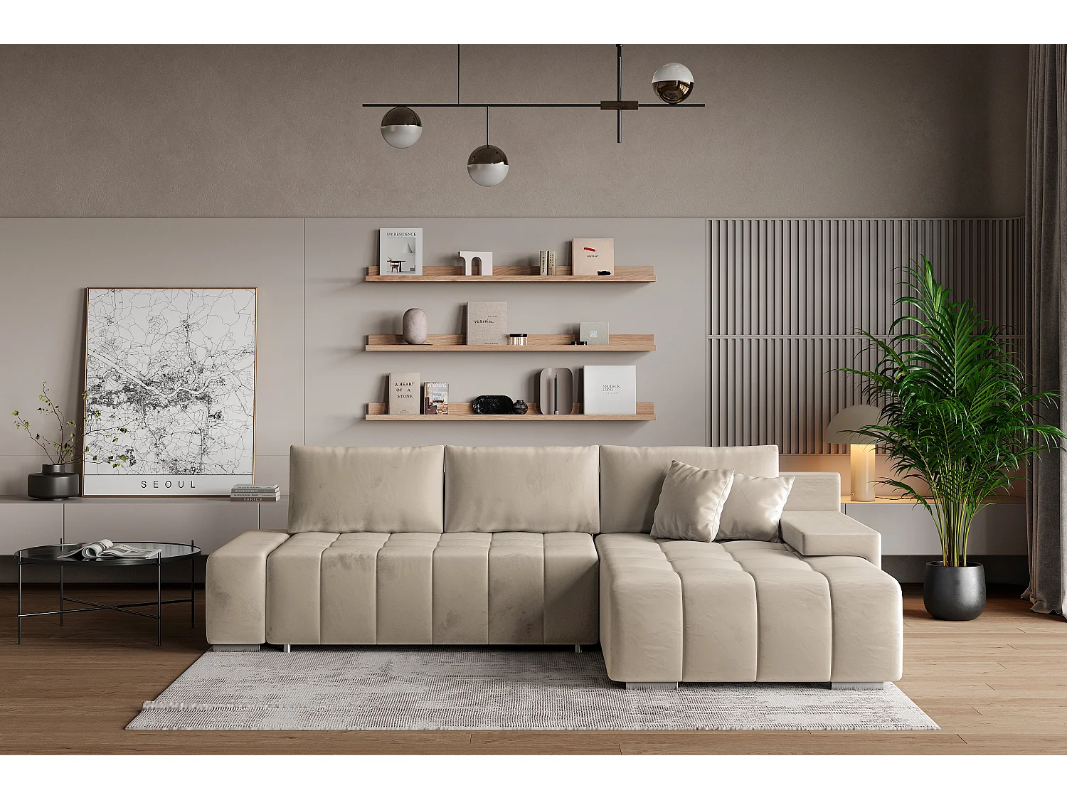 Hoekbank ALESE van fluweel met slaapfunctie Creme