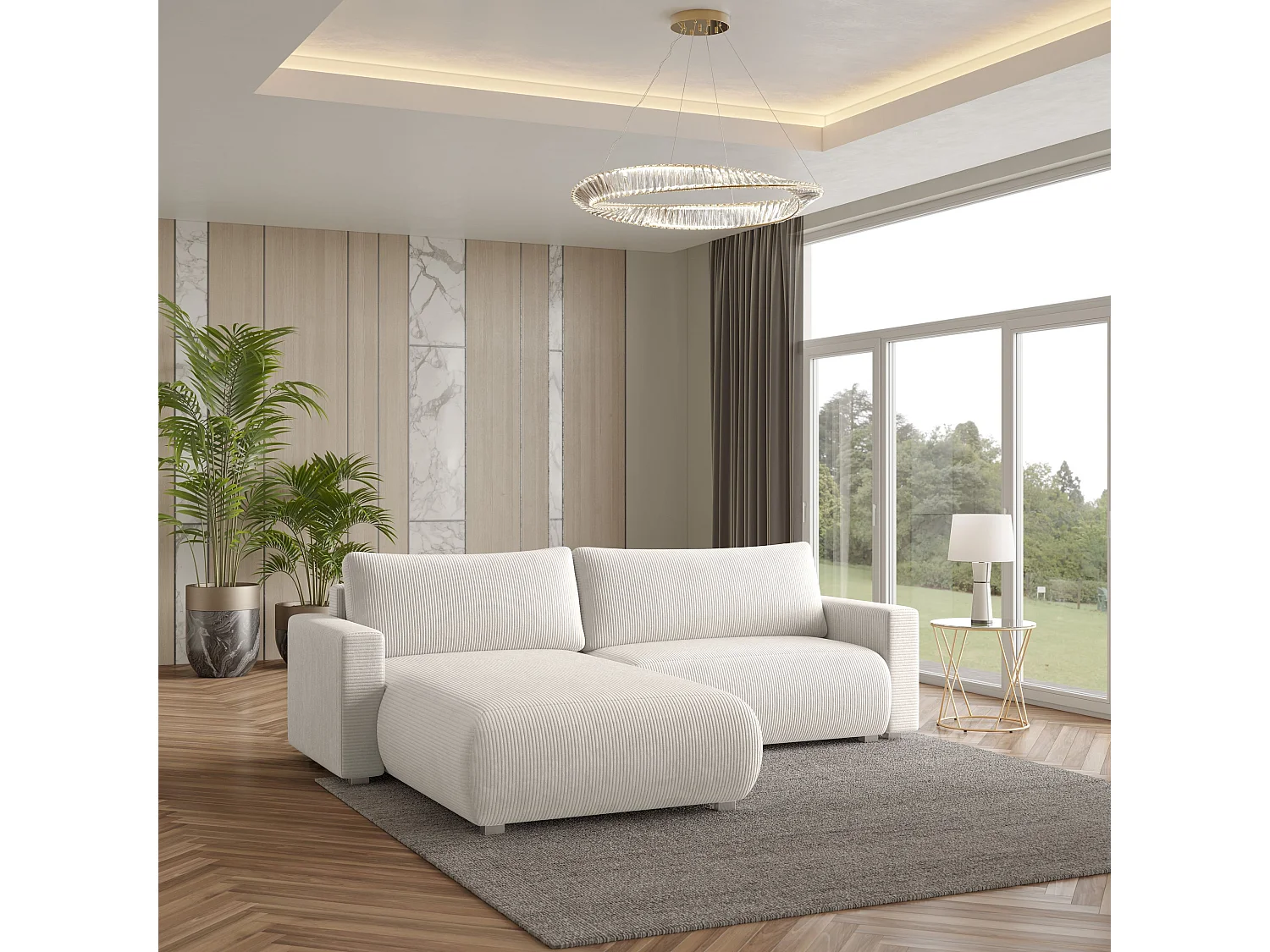 Canapé d'angle TURIN Crème en velours côtelé avec fonction de couchage