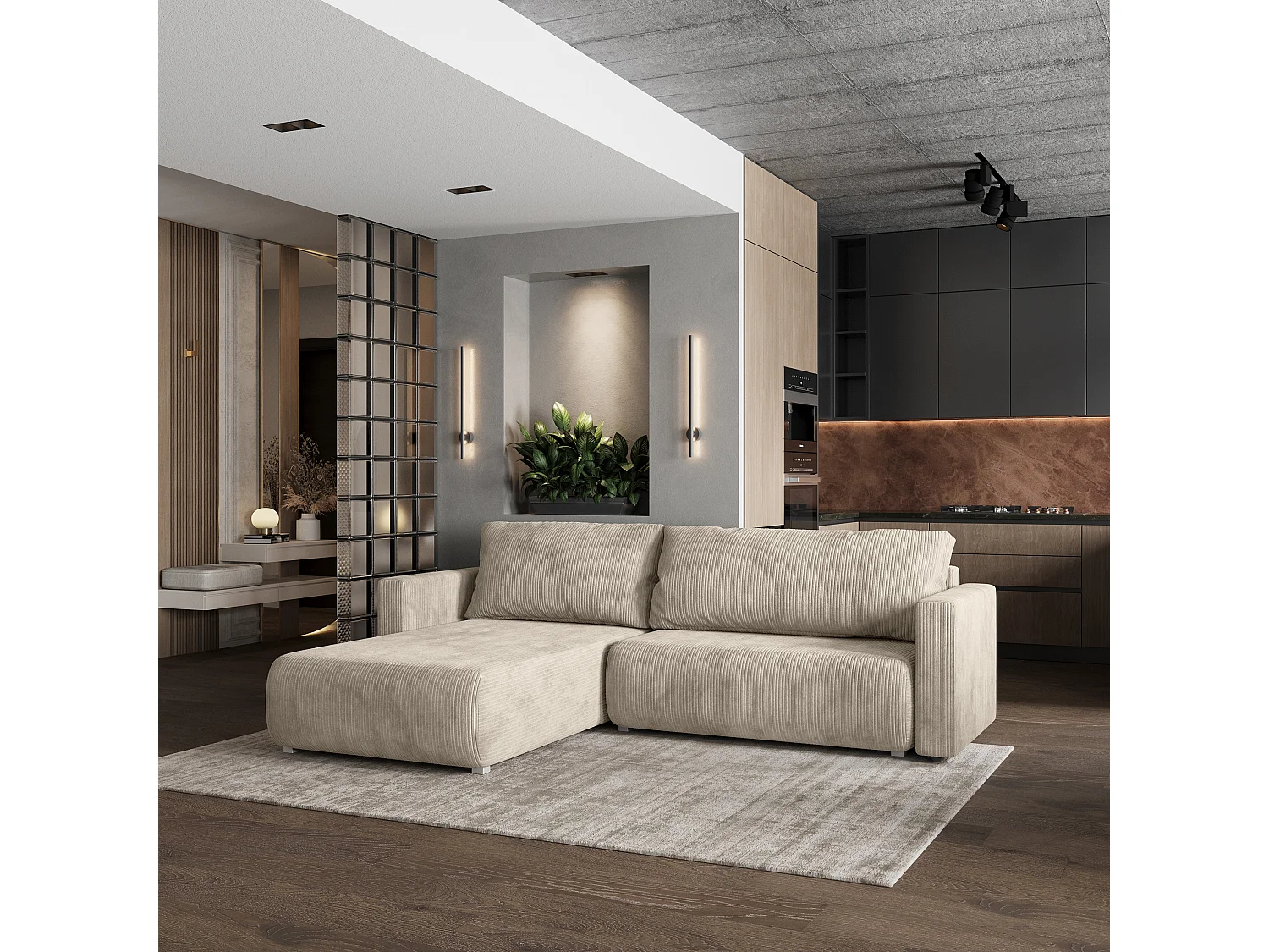 Canapé d'angle TURIN Crème en velours côtelé avec fonction de couchage