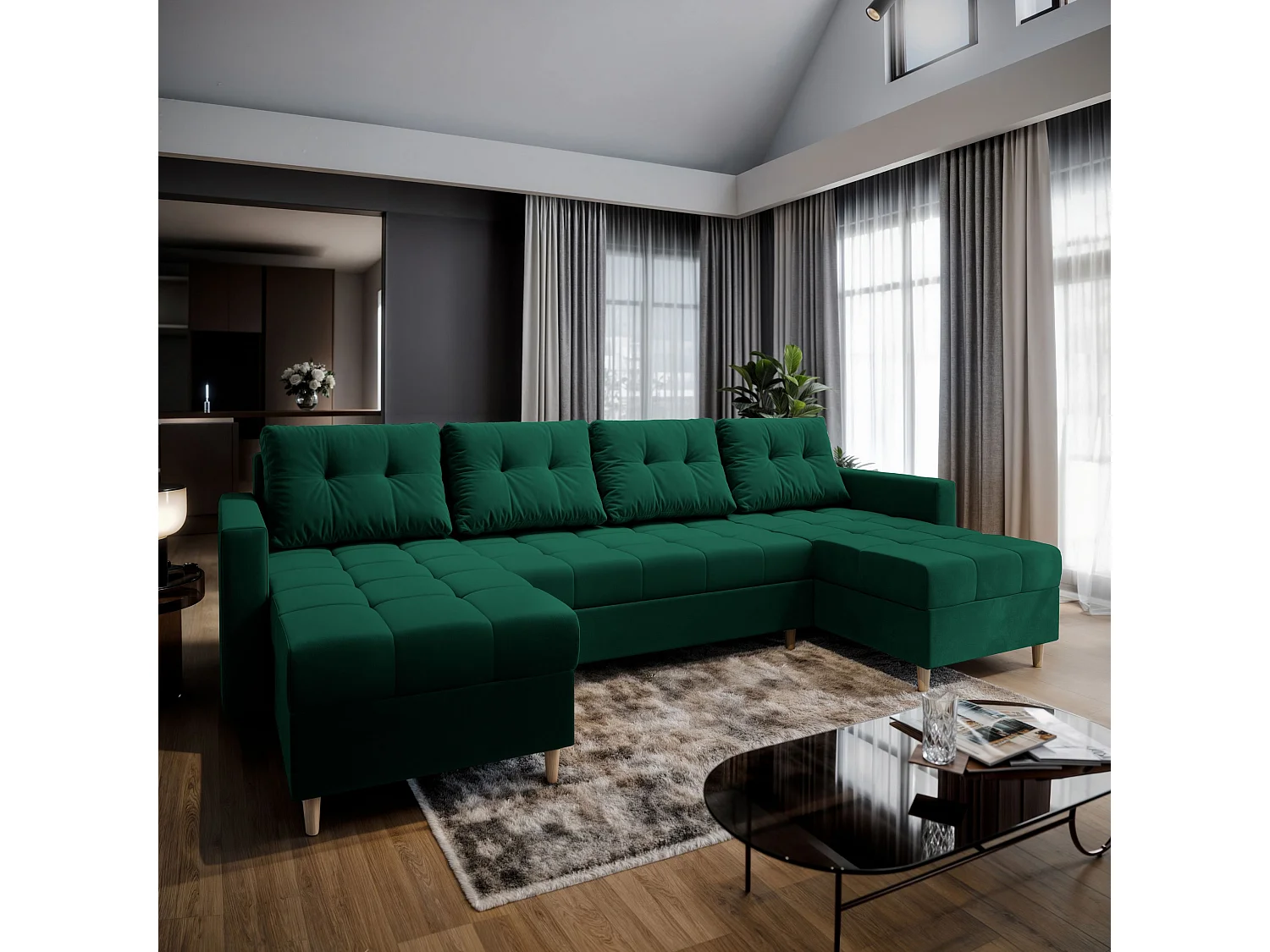 Canapé d'angle MILO Vert Sapin en peluche avec fonction de couchage