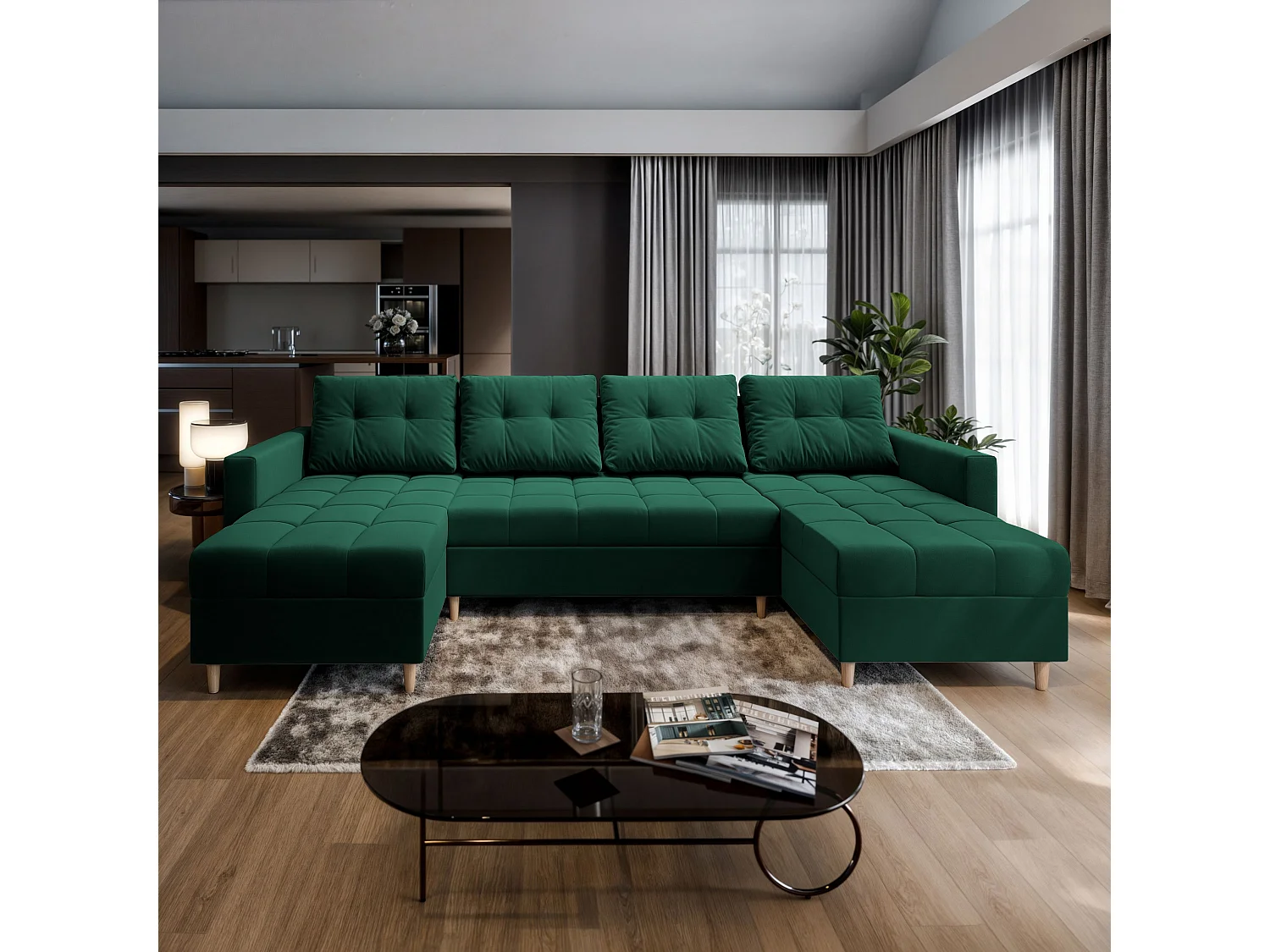 Canapé d'angle MILO Vert Sapin en peluche avec fonction de couchage