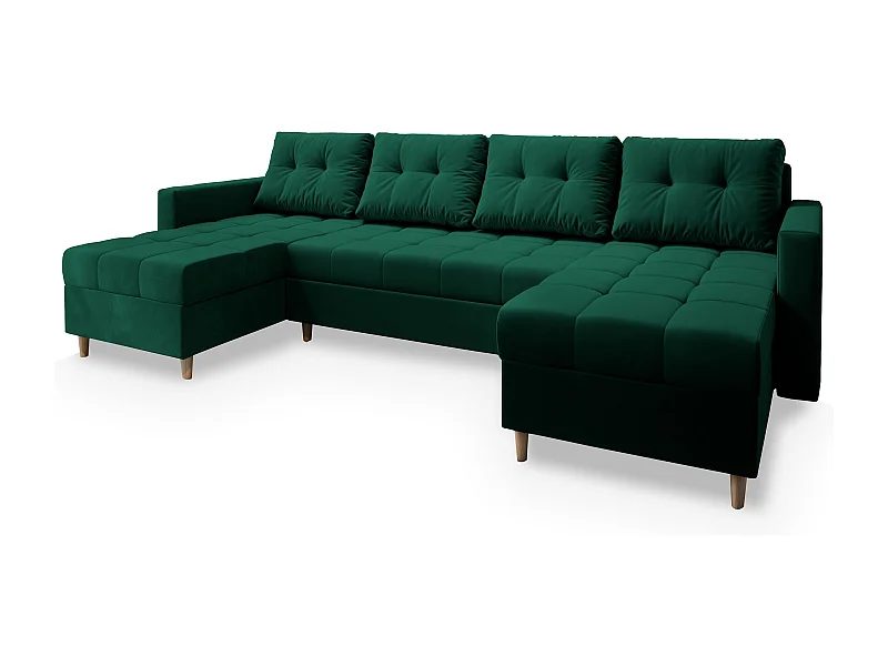 Canapé d'angle MILO Vert Sapin en peluche avec fonction de couchage