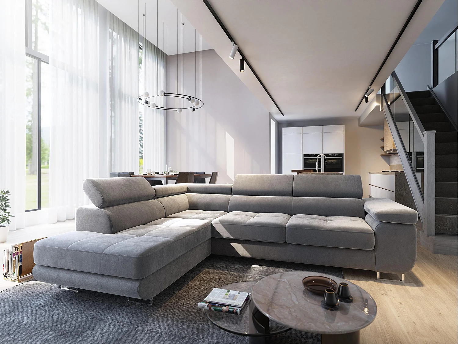 Canapé d'angle SELVA Gris clair en velours avec fonction de couchage