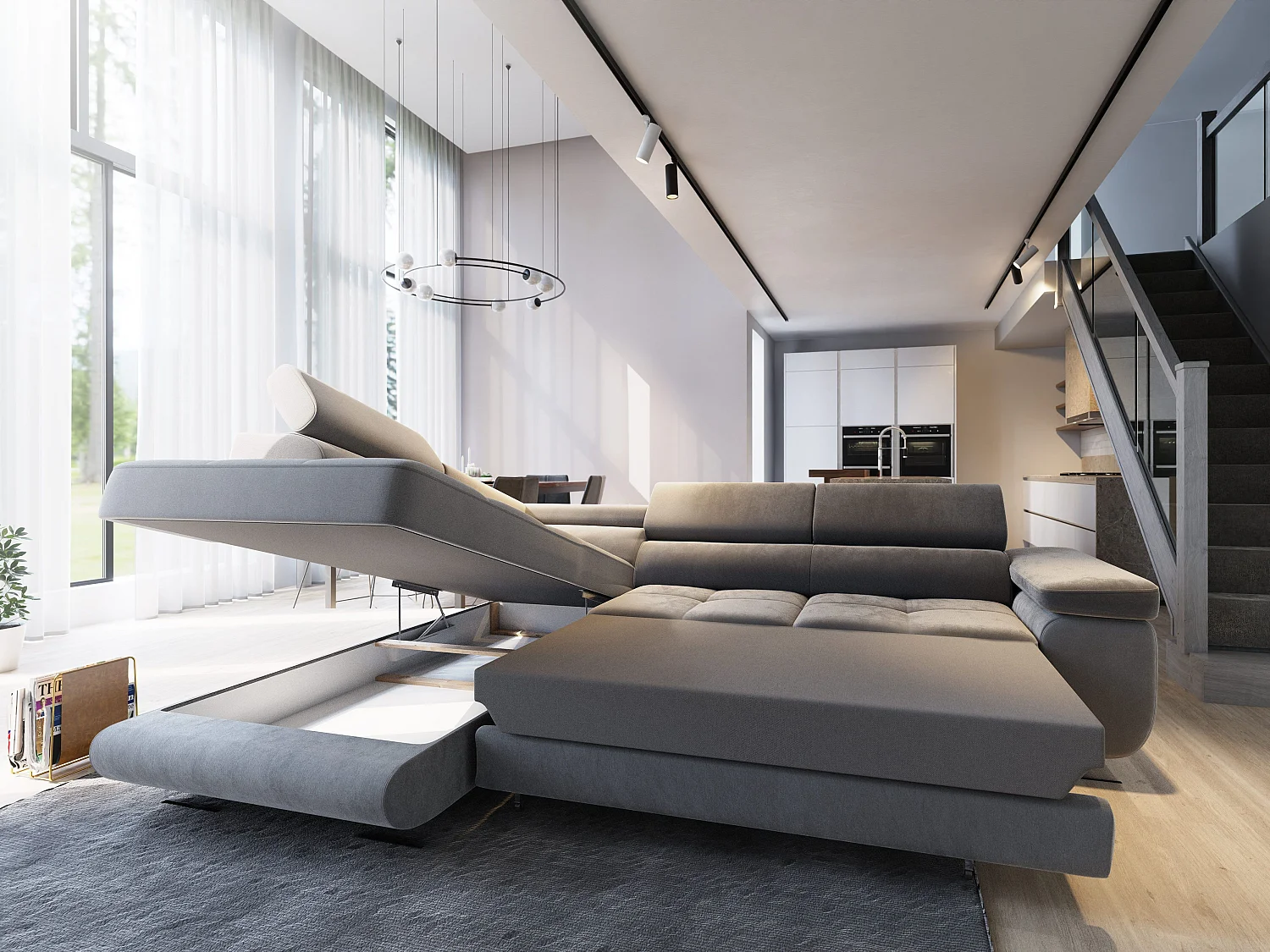 Canapé d'angle SELVA Gris clair en velours avec fonction de couchage