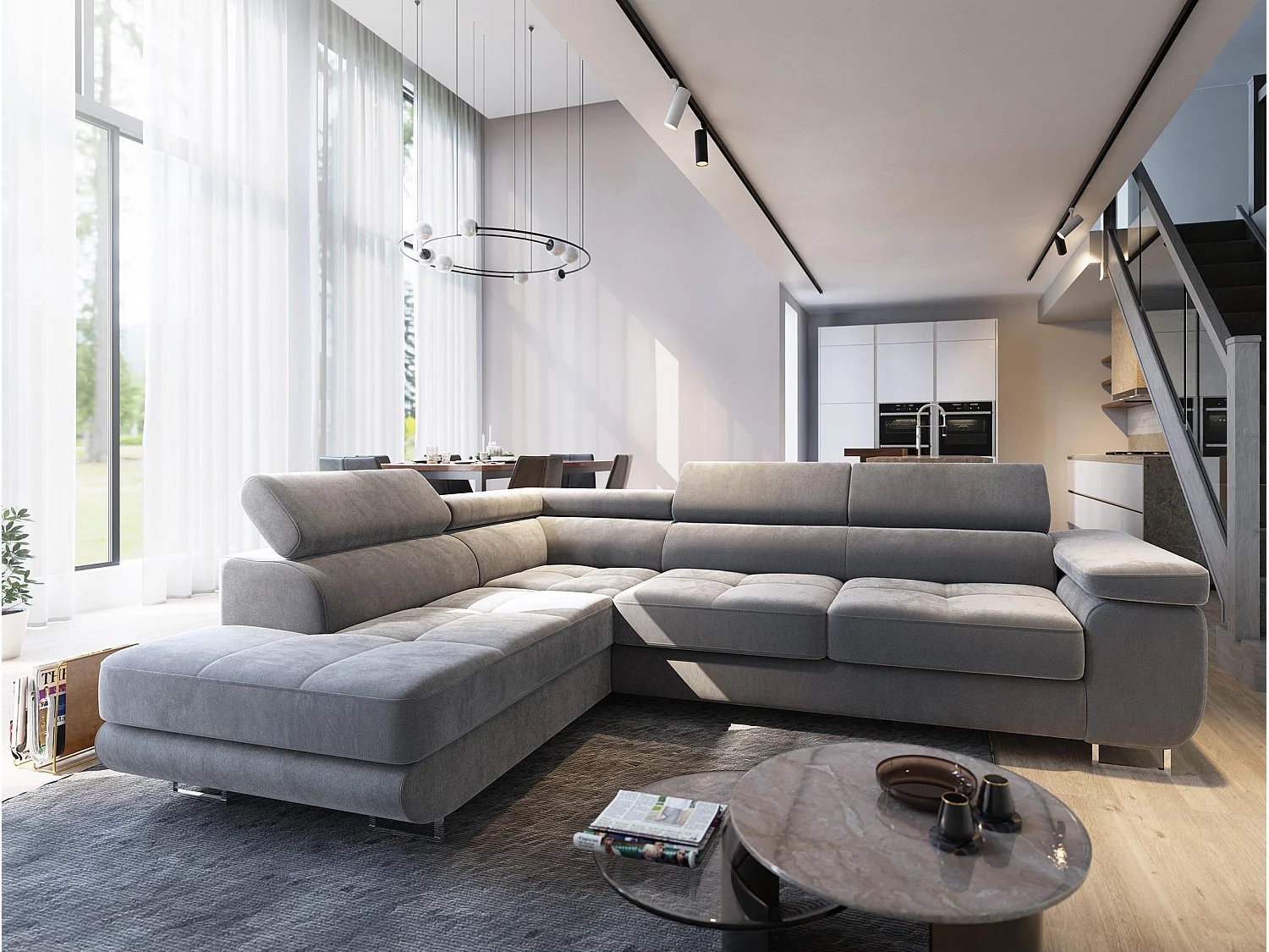 Canapé d'angle SELVA Gris clair en velours avec fonction de couchage