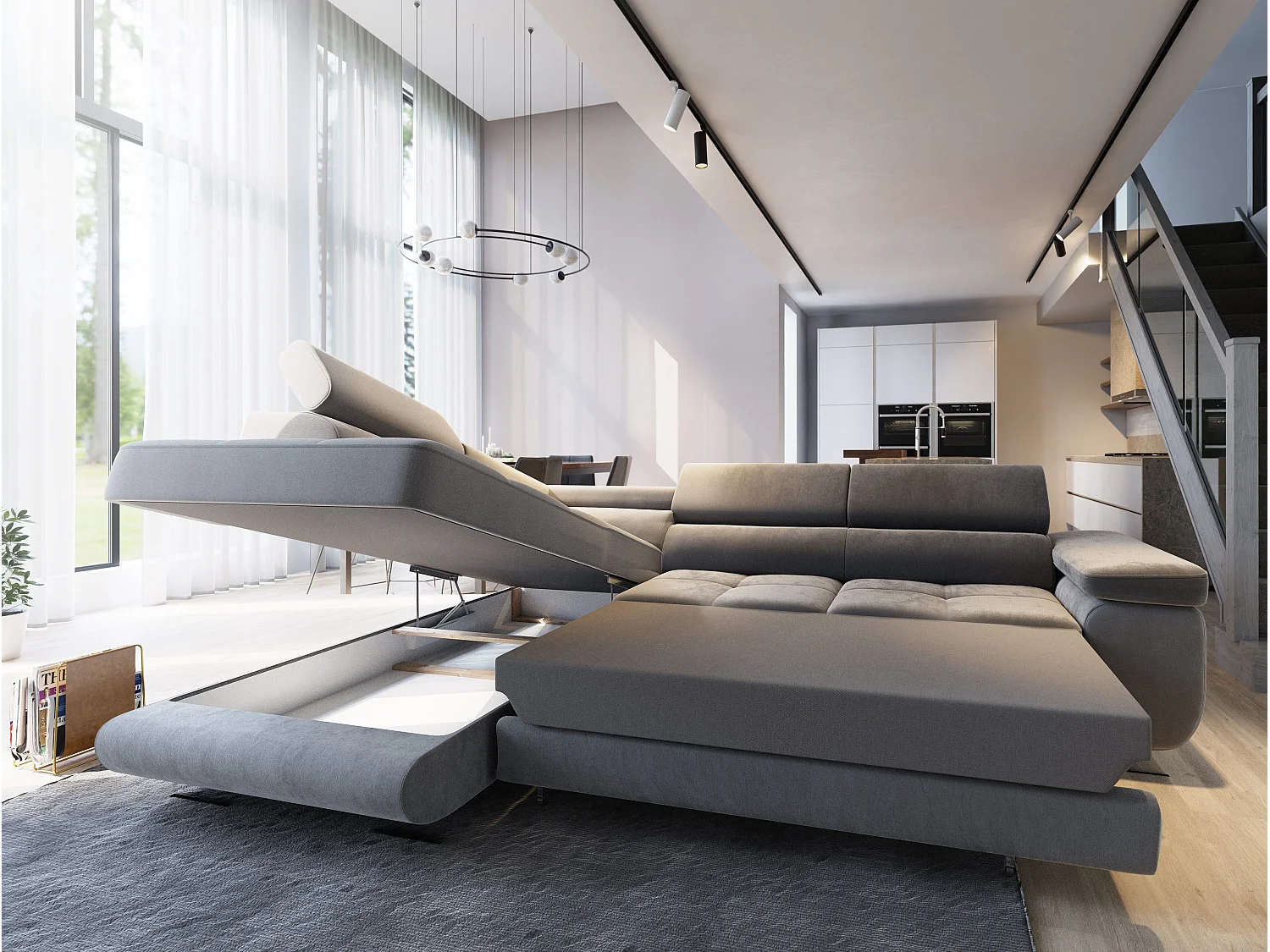 Canapé d'angle SELVA Gris clair en velours avec fonction de couchage