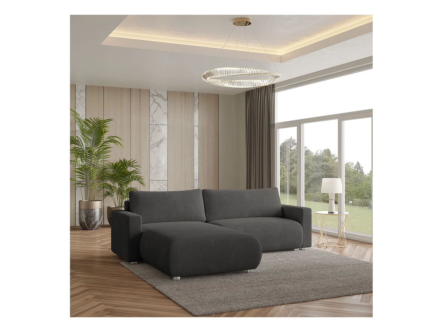 Canapé d'angle TURIN Gris en bouclé avec fonction de couchage