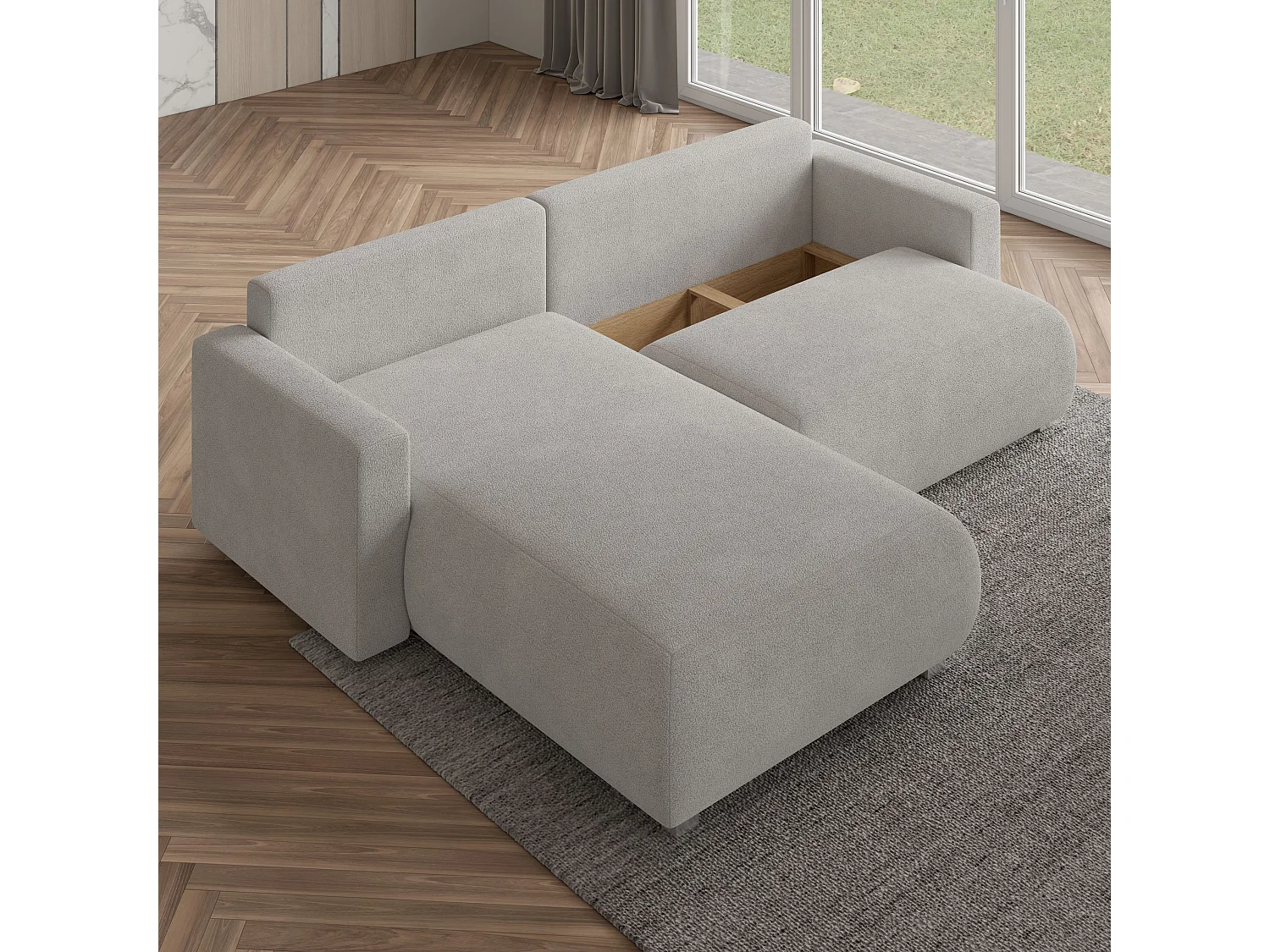 Canapé d'angle TURIN Gris en bouclé avec fonction de couchage