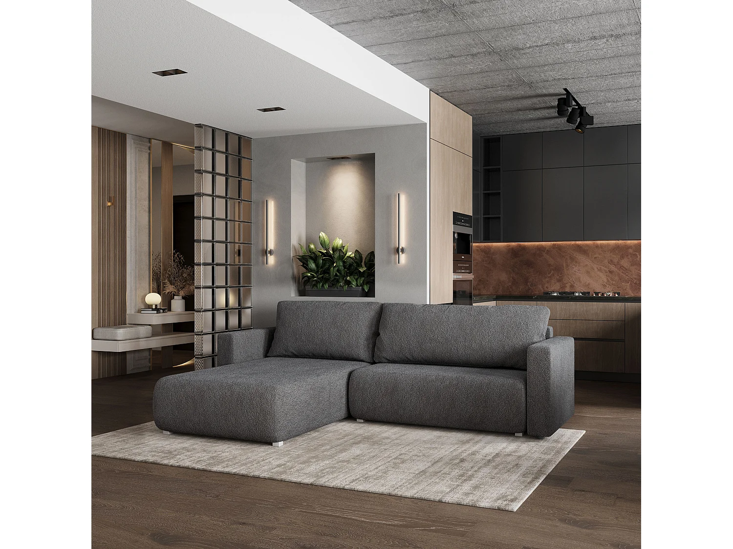 Canapé d'angle convertible 3 places en tissu gris TURIN