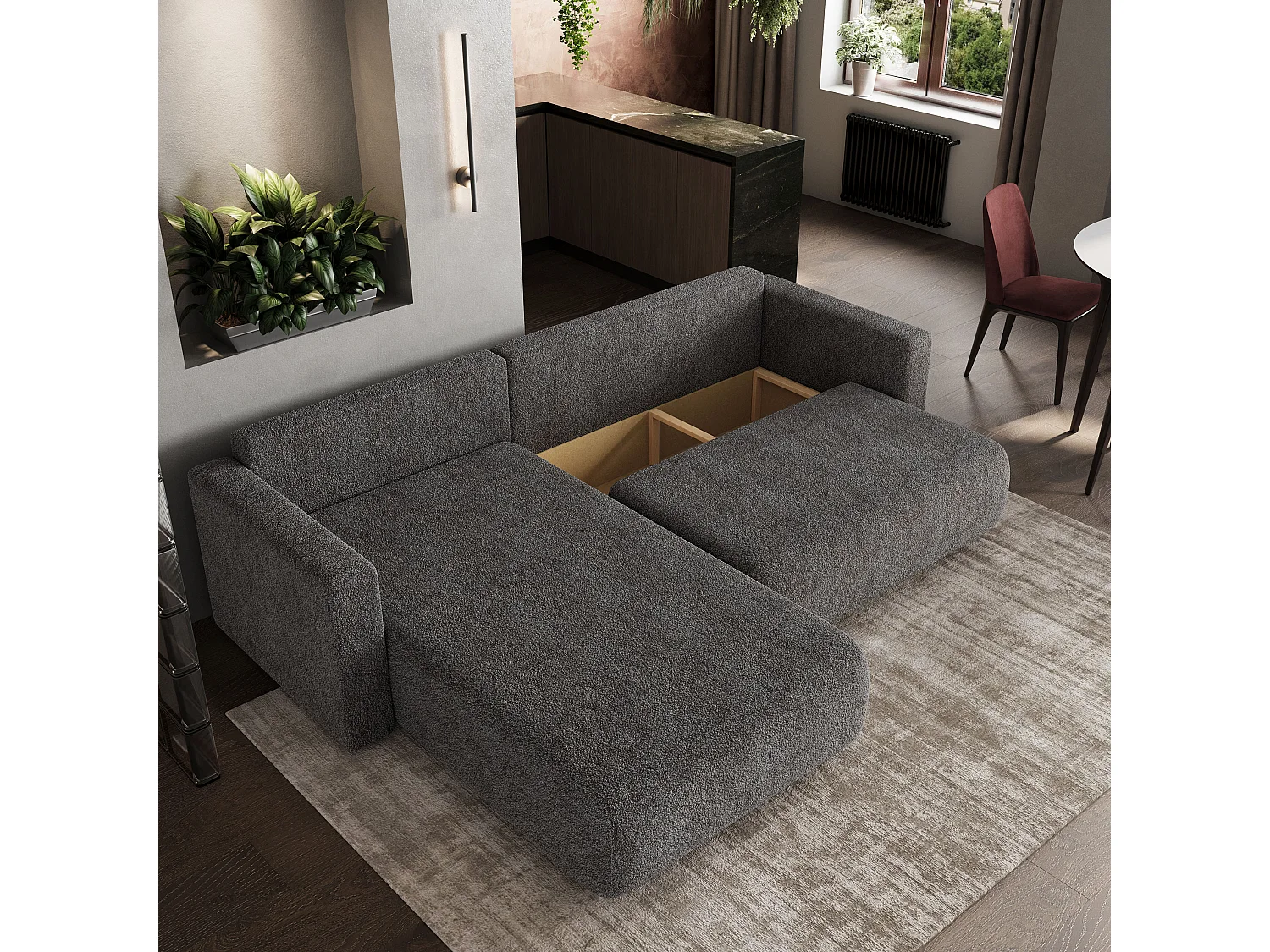Canapé d'angle convertible 3 places en tissu gris TURIN