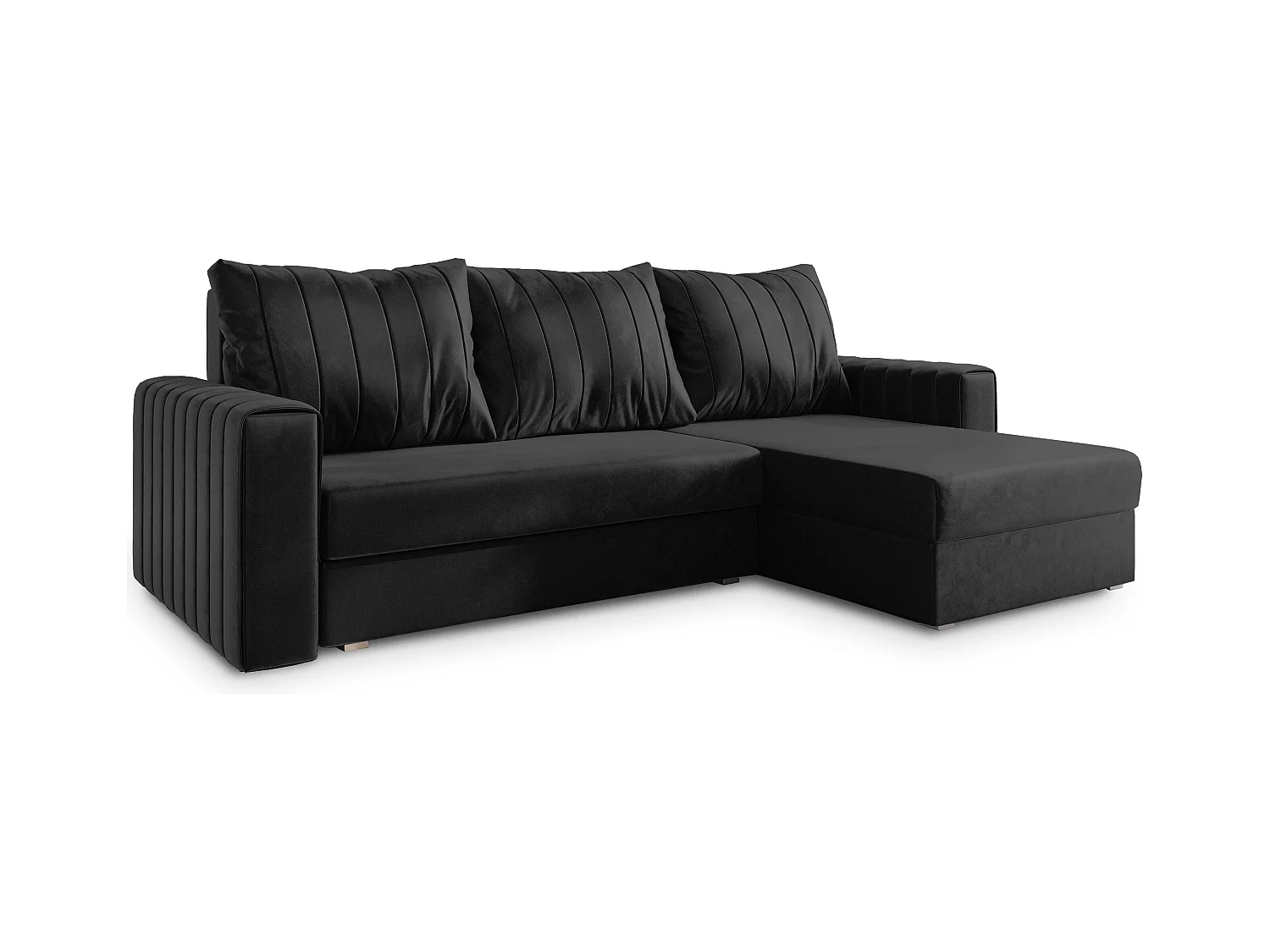 Canapé d'angle CARL Noir en peluche avec fonction de couchage