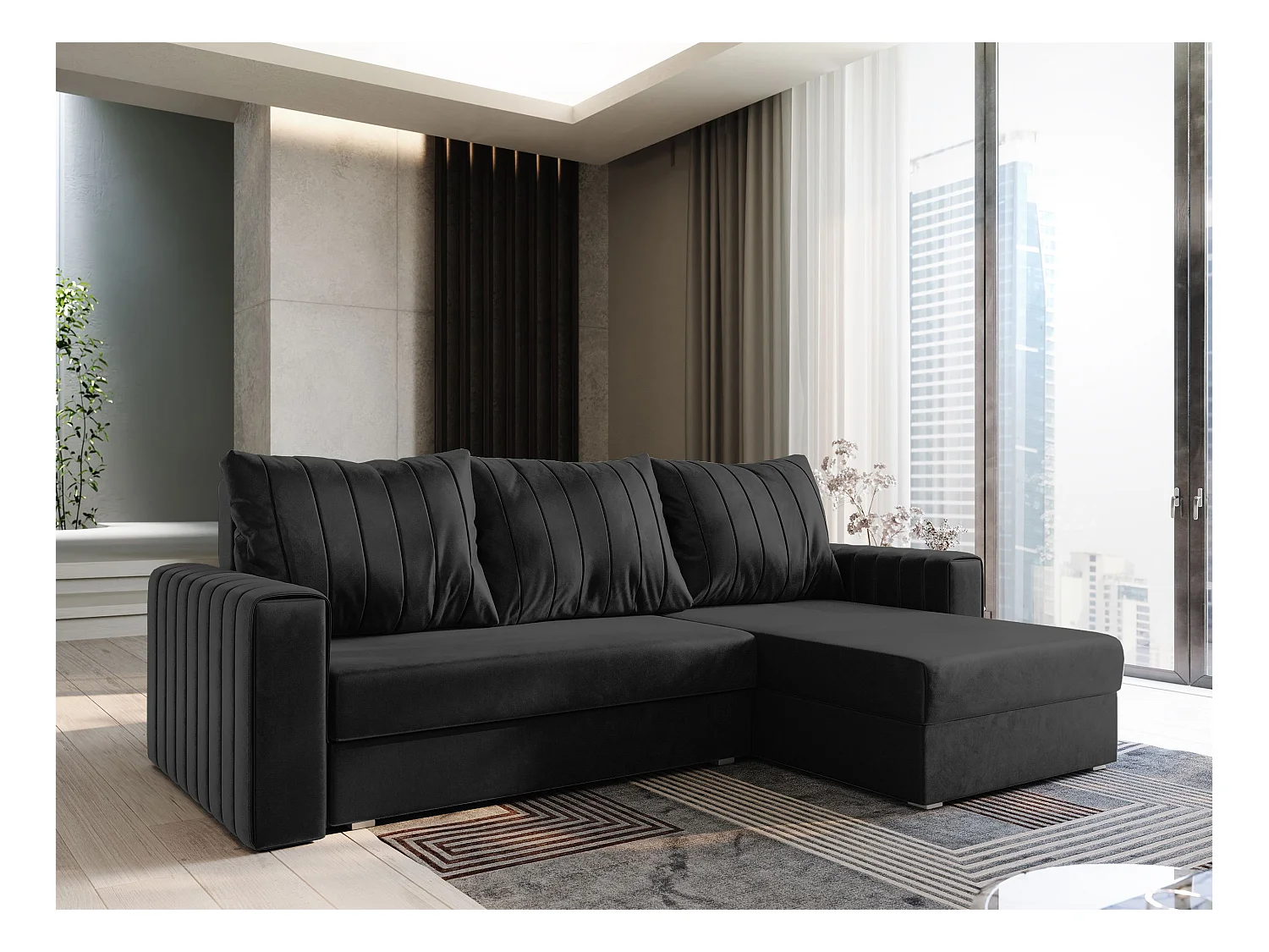 Canapé d'angle CARL Noir en peluche avec fonction de couchage