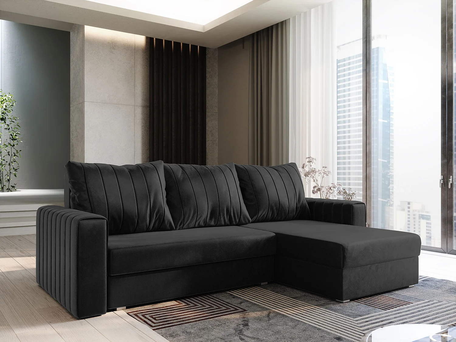 Canapé d'angle CARL Noir en peluche avec fonction de couchage