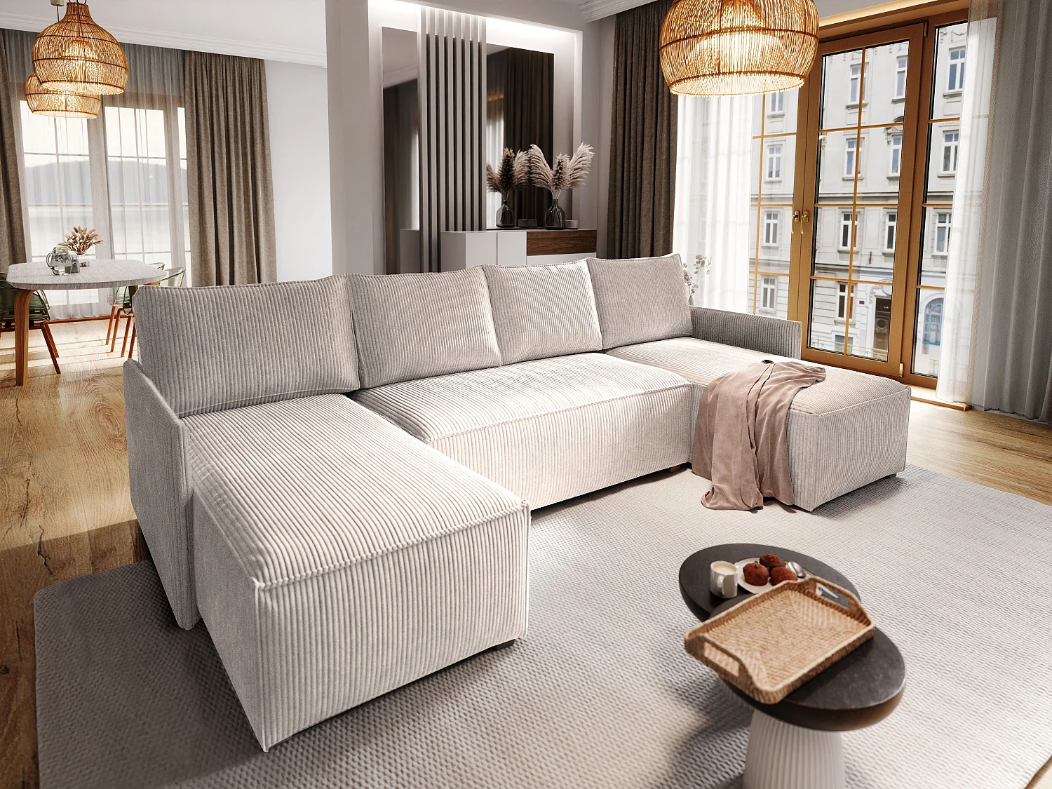 Canapé d'angle TRES Crème en velours côtelé avec fonction de couchage