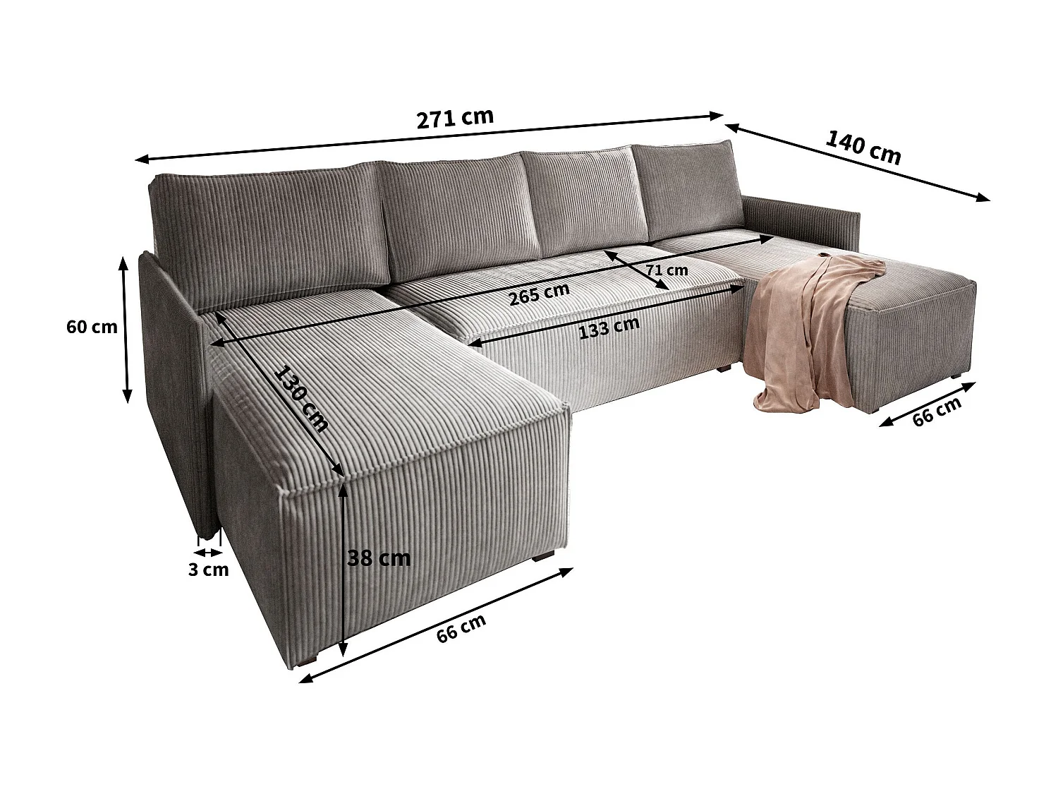 Canapé d'angle TRES Crème en velours côtelé avec fonction de couchage