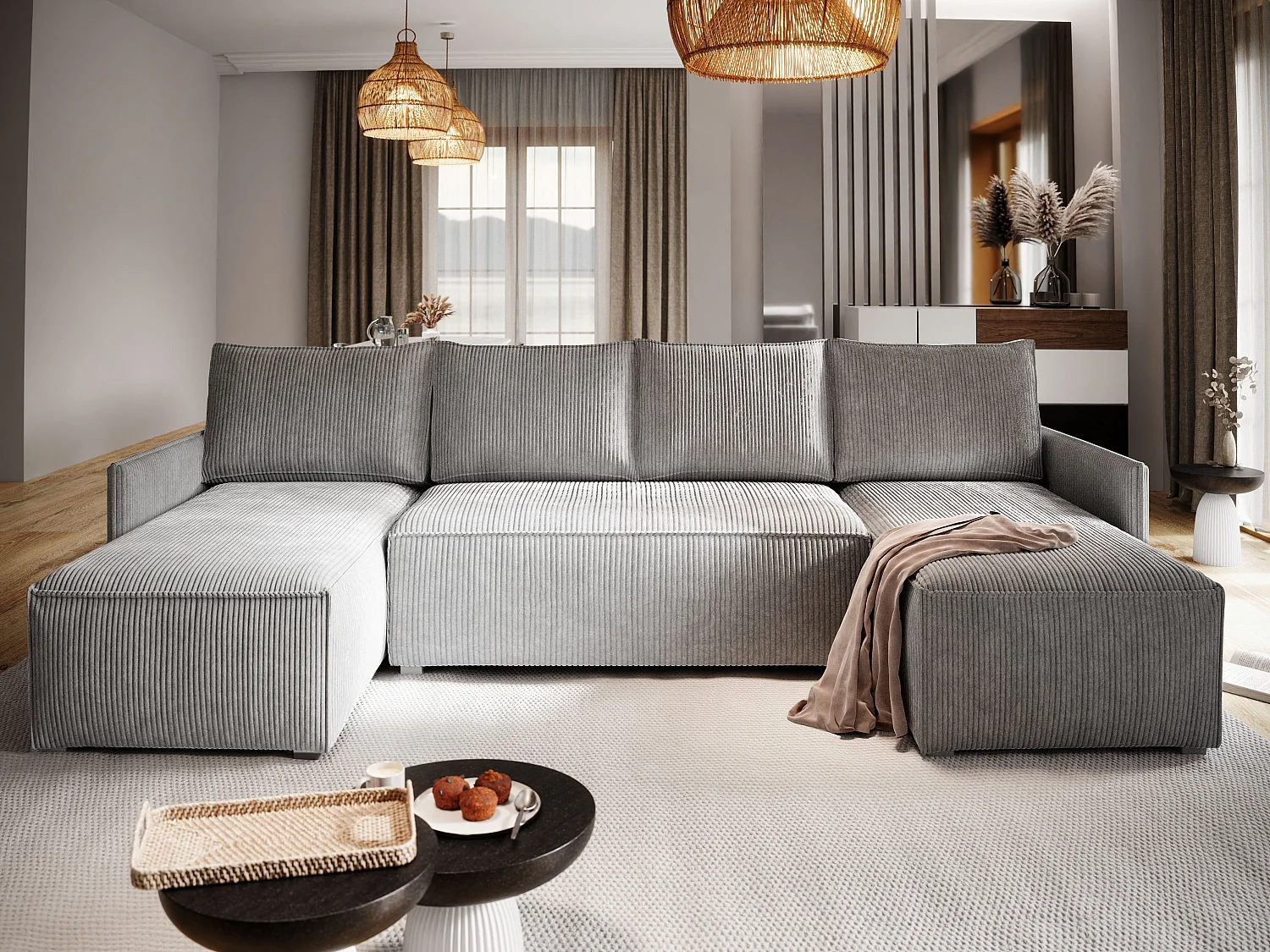 Hoekbank TRES van fluweel met slaapfunctie Creme