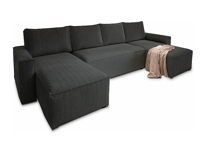 Canapé d'angle ASPRA Noir en velours côtelé avec fonction de couchage