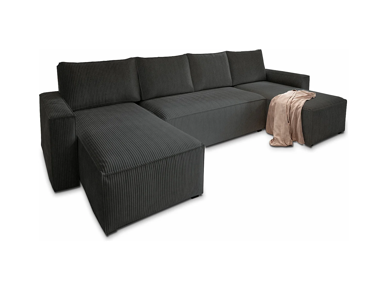 Canapé d'angle ASPRA Noir en velours côtelé avec fonction de couchage