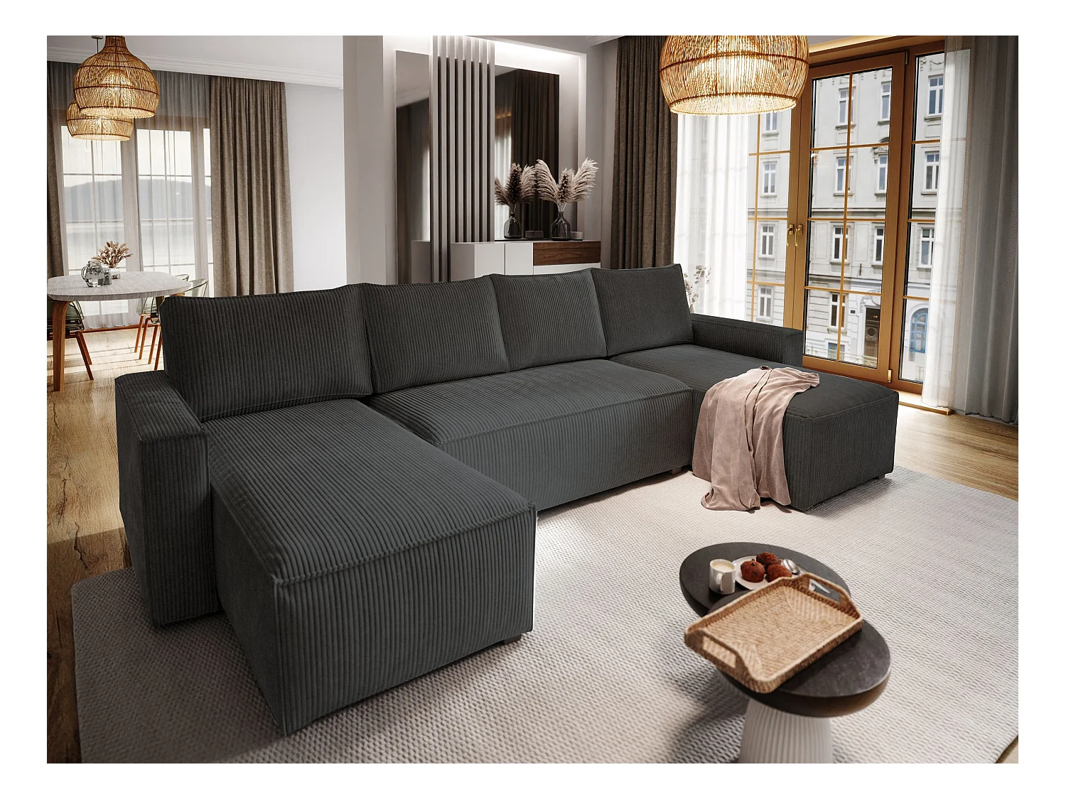 Canapé d'angle ASPRA Noir en velours côtelé avec fonction de couchage