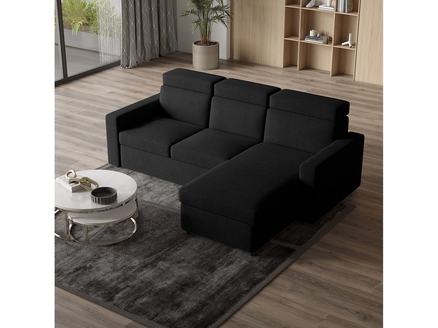 Canapé d'angle PADWA Noir en velours côtelé avec fonction de couchage