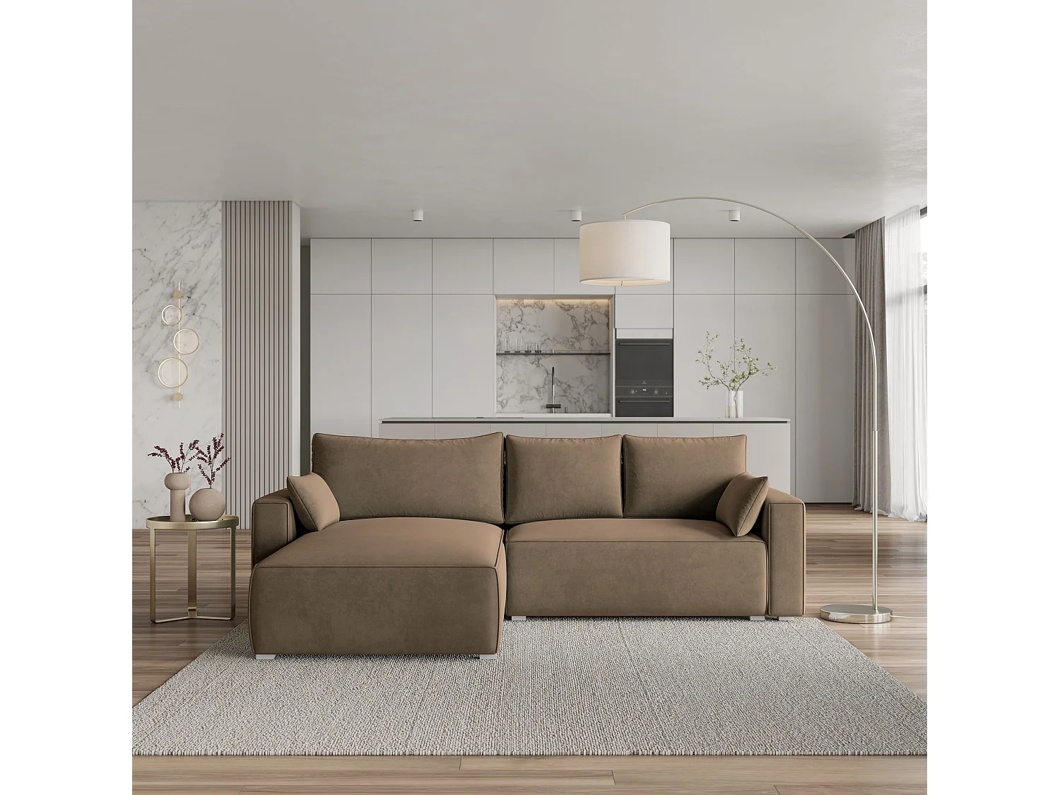 Canapé d'angle FORIL Beige en velours avec fonction de couchage