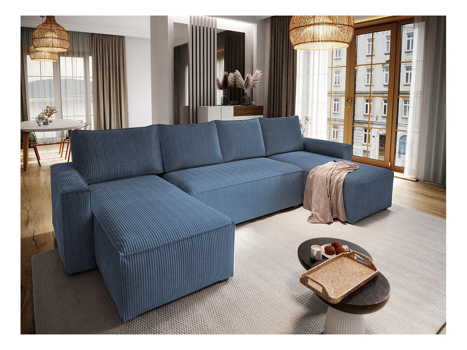 Canapé d'angle ASPRA Bleu en velours côtelé avec fonction de couchage