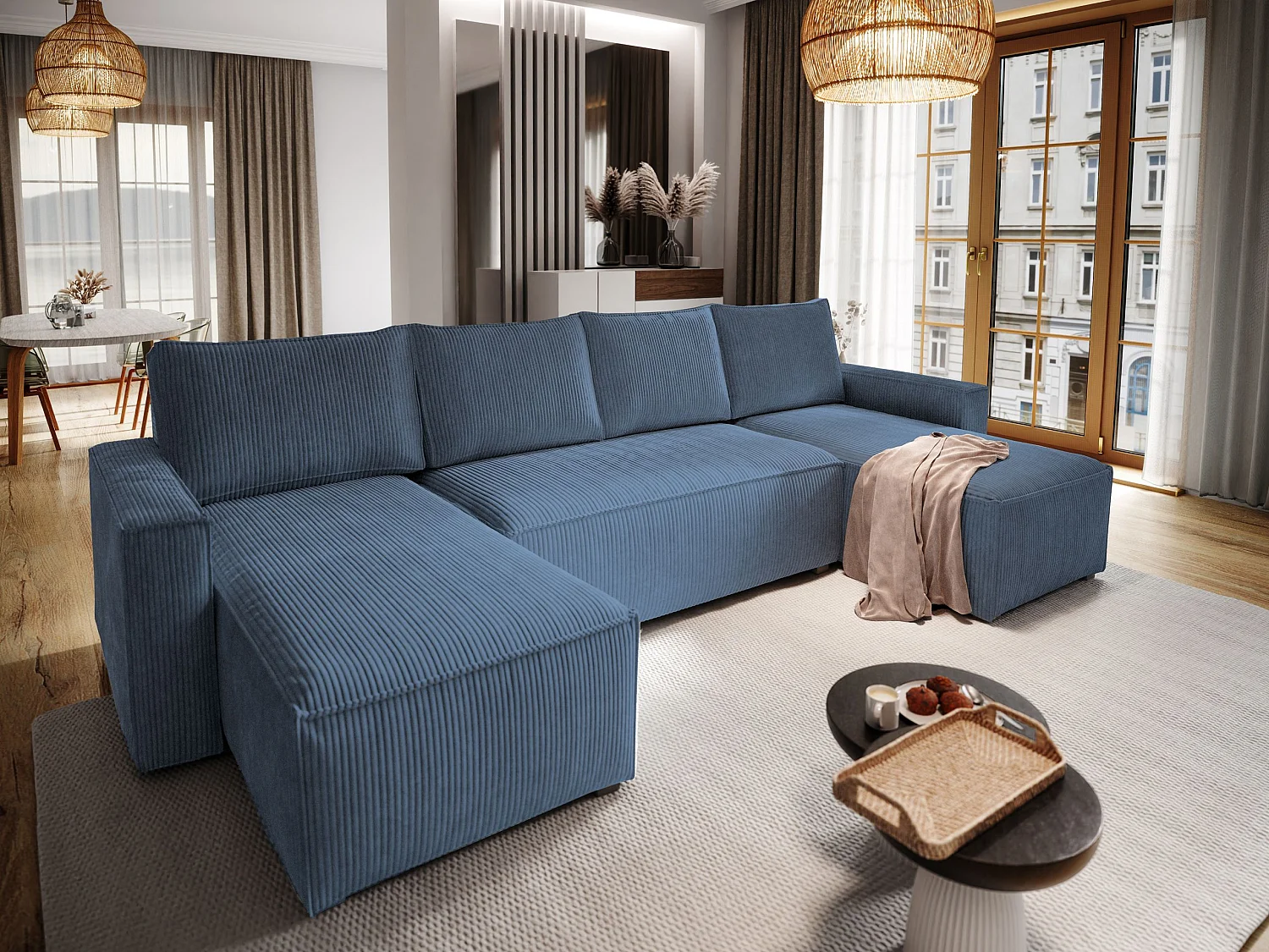 Canapé d'angle ASPRA Bleu en velours côtelé avec fonction de couchage