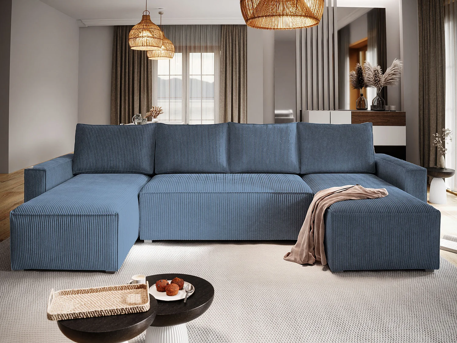 Canapé d'angle ASPRA Bleu en velours côtelé avec fonction de couchage