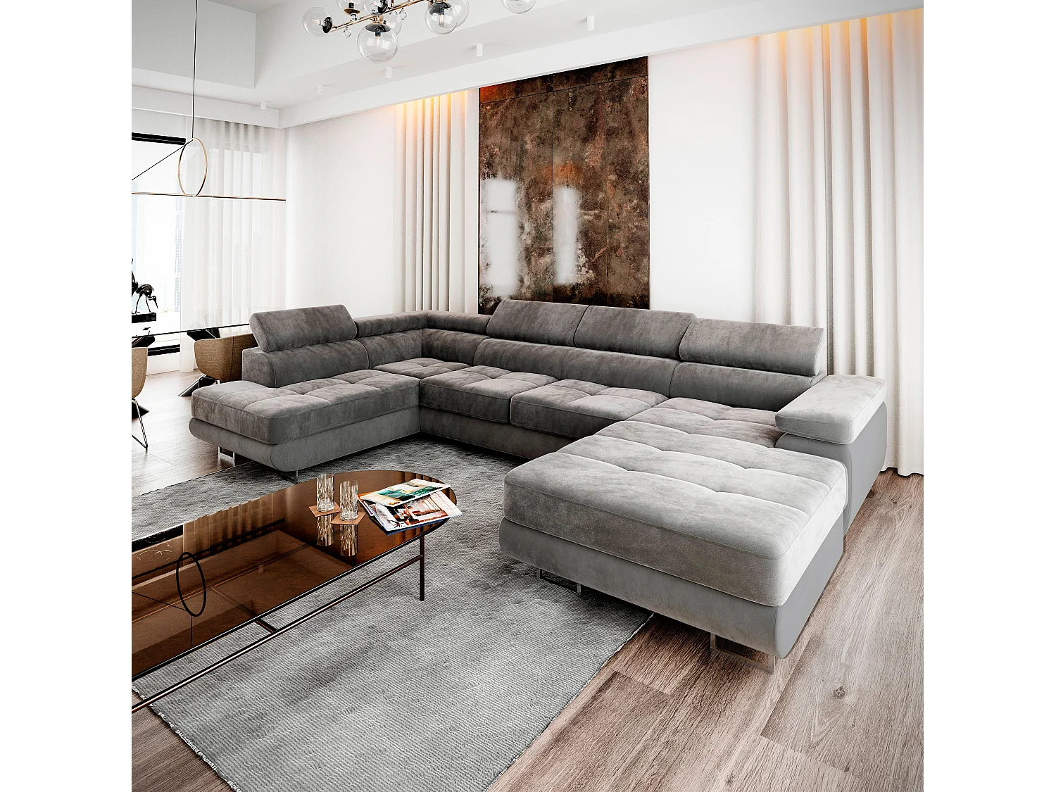 Canapé d'angle CASONE Gris en velours avec fonction de couchage