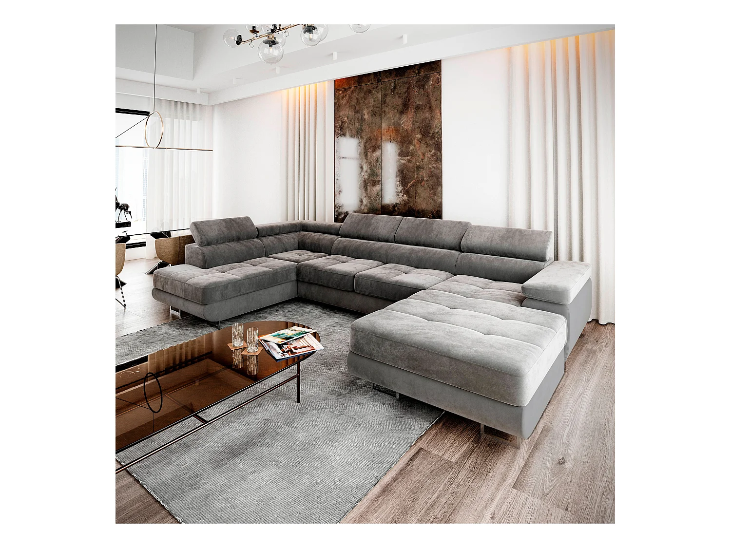 Canapé d'angle CASONE Gris en velours avec fonction de couchage
